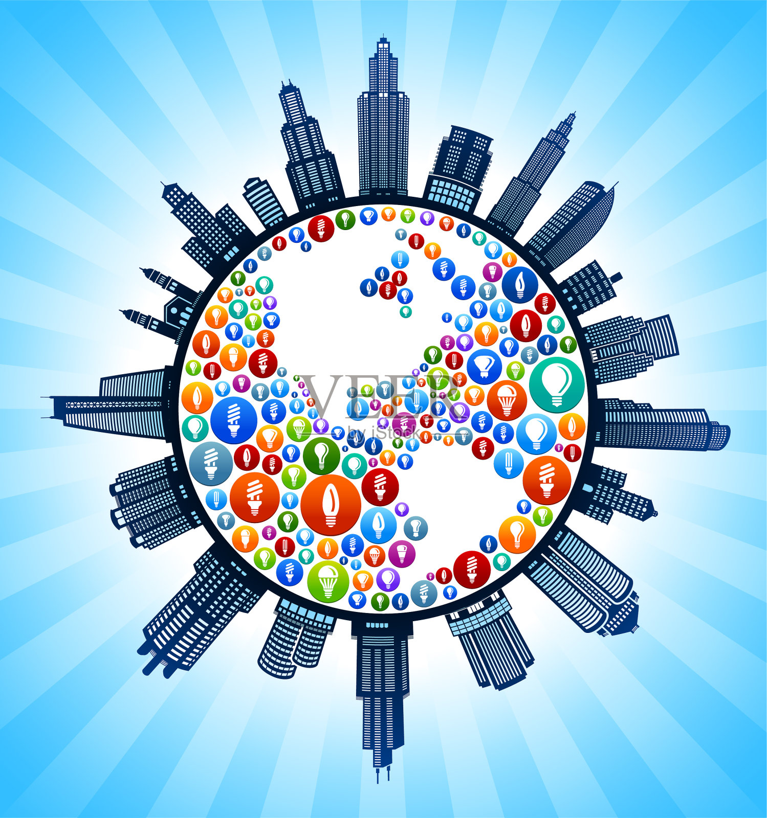 行星地球灯泡现代城市景观天际线背景插画图片素材