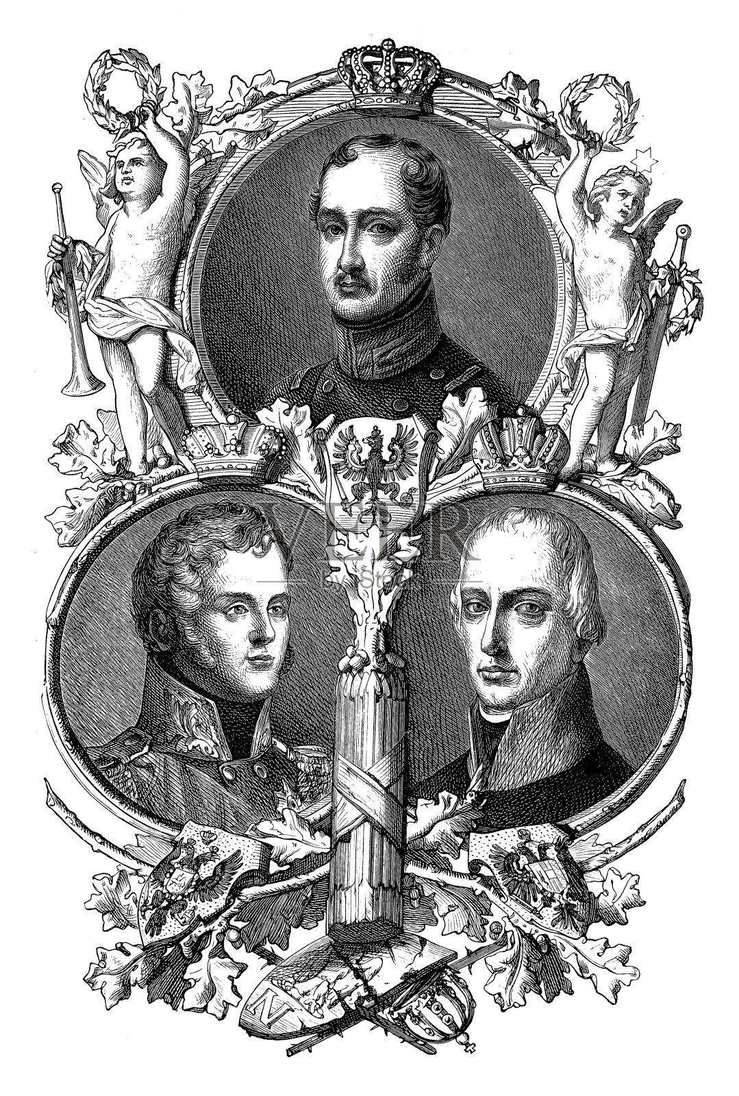 神圣联盟的创始人普鲁士的腓特烈·威廉三世，亚历山大一世，奥地利的弗朗西斯一世插画图片素材