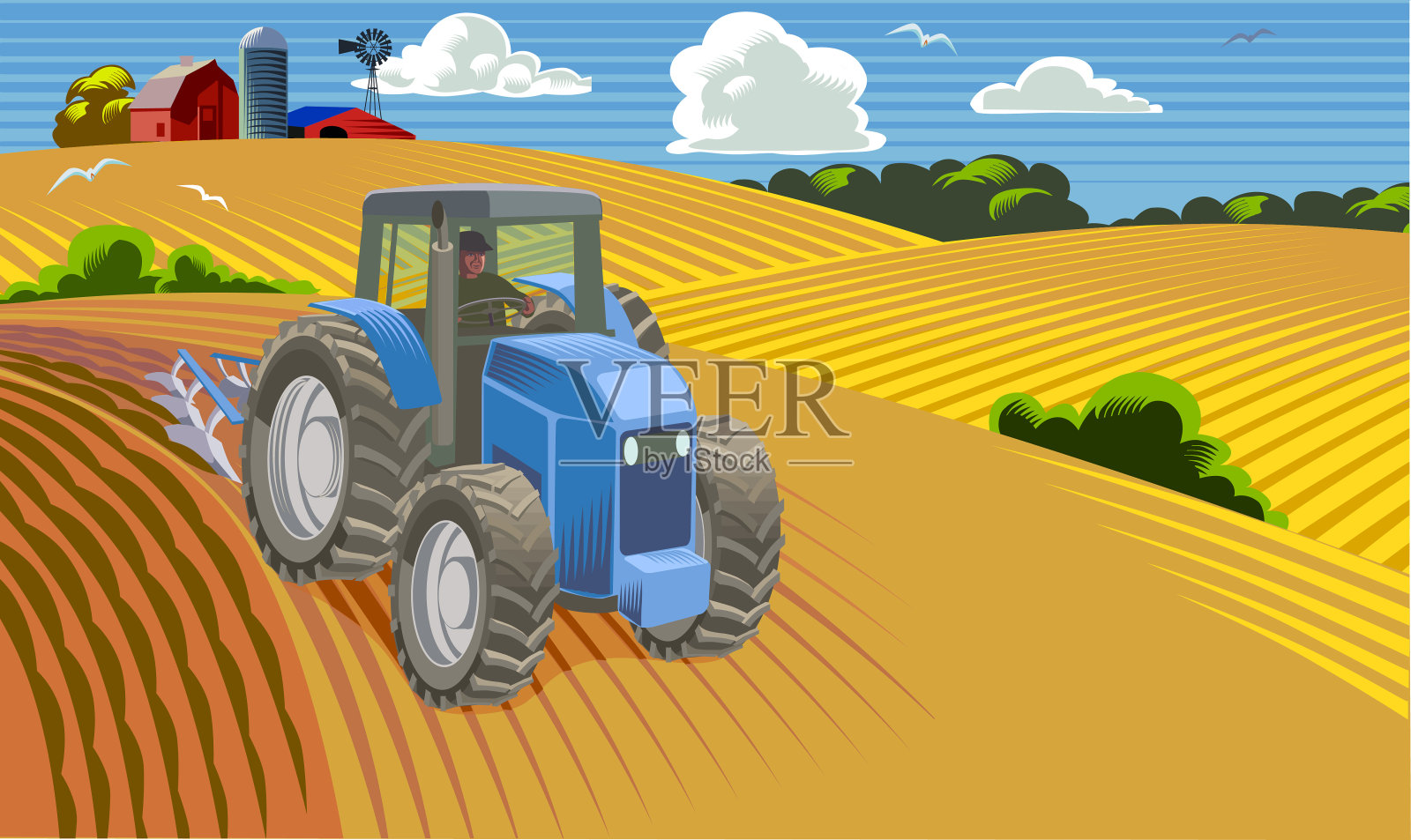 现代拖拉机犁地插画图片素材