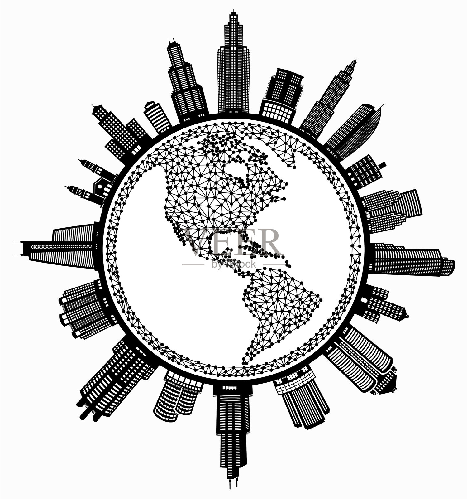 行星地球黑白城市景观天际线背景插画图片素材