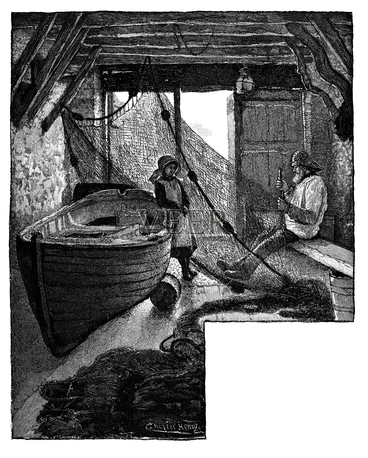 渔民固定渔网插画图片素材