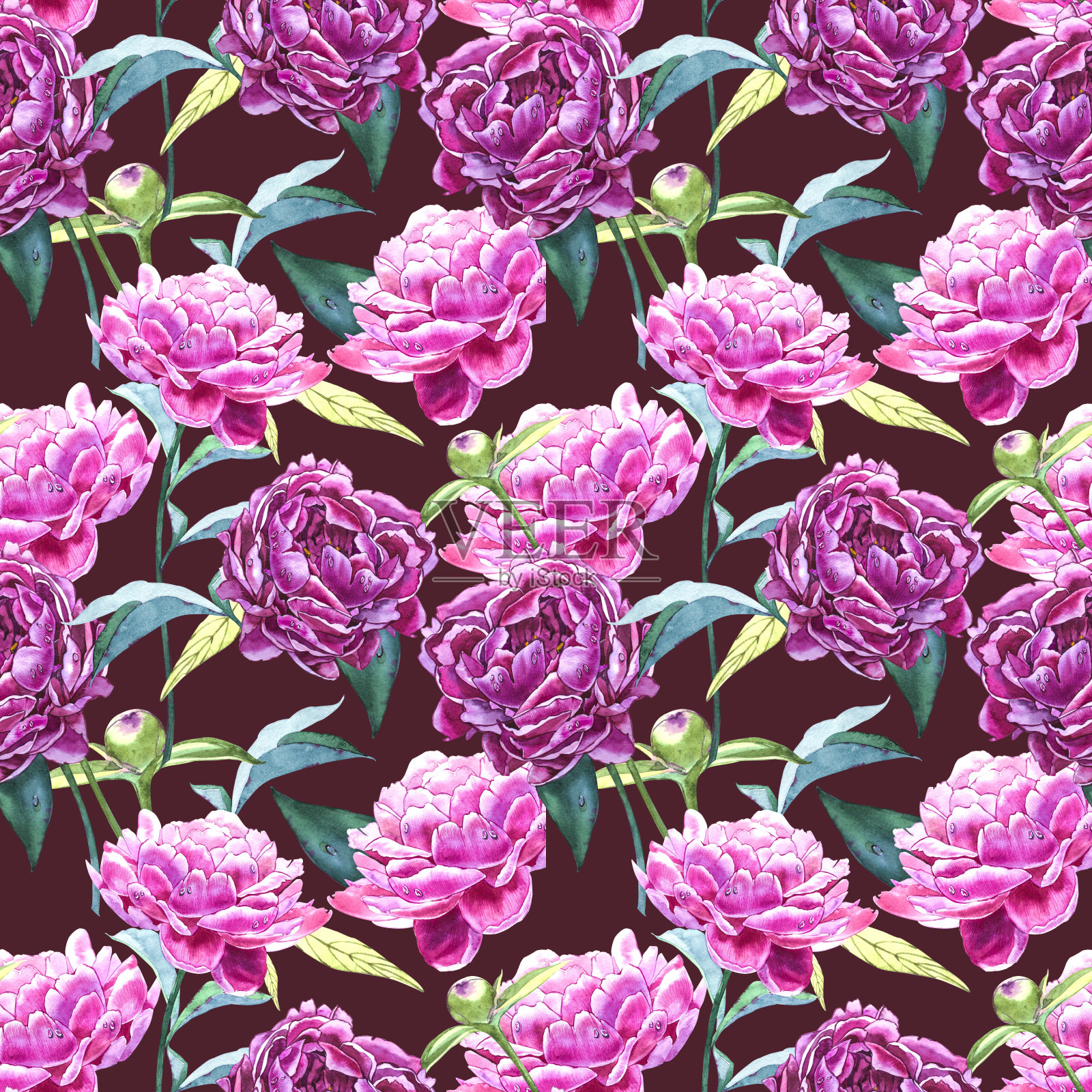 无缝背景牡丹花。水彩插图。手绘花卉图案。织物的设计。插画图片素材