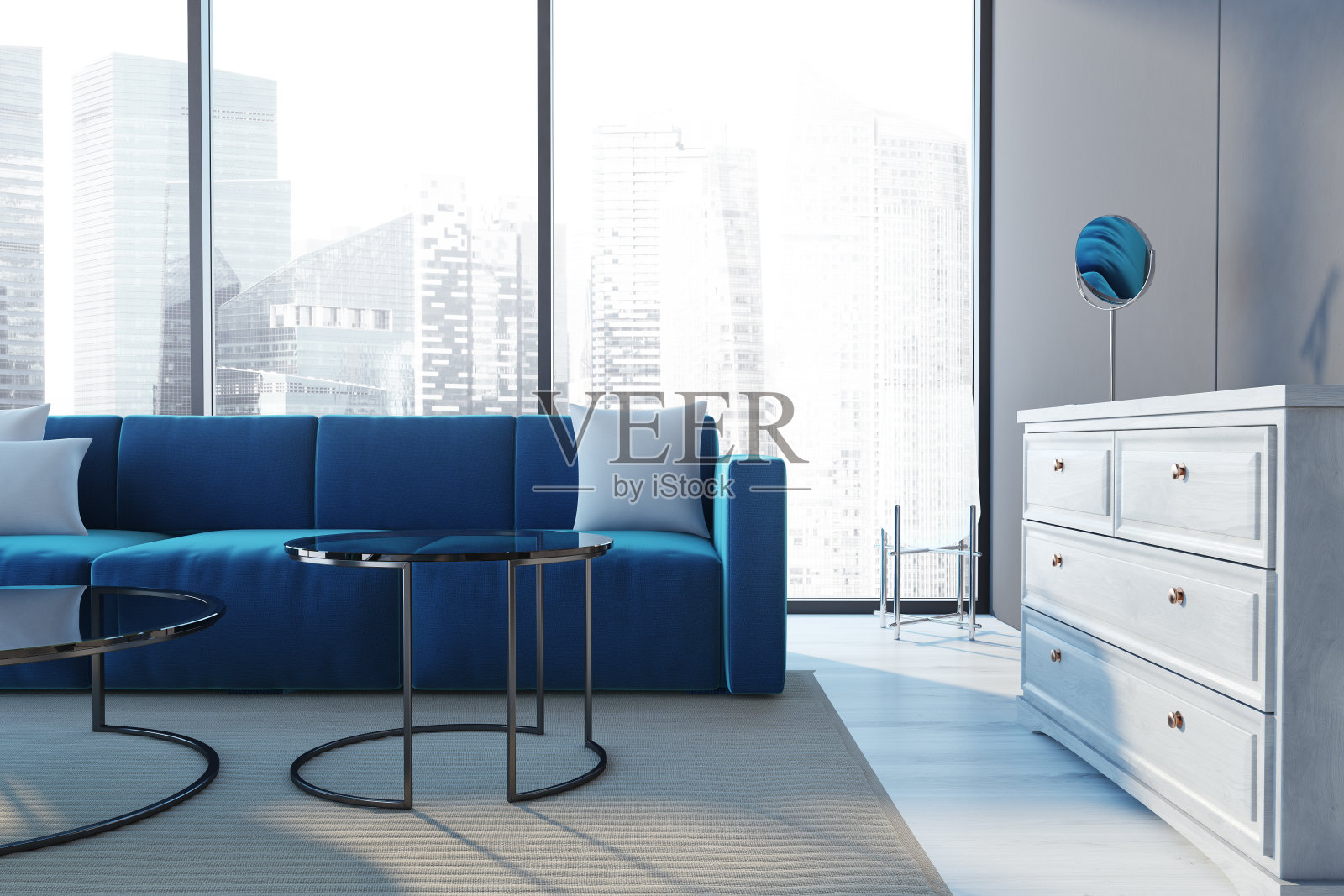 全景阁楼客厅内部蓝色照片摄影图片