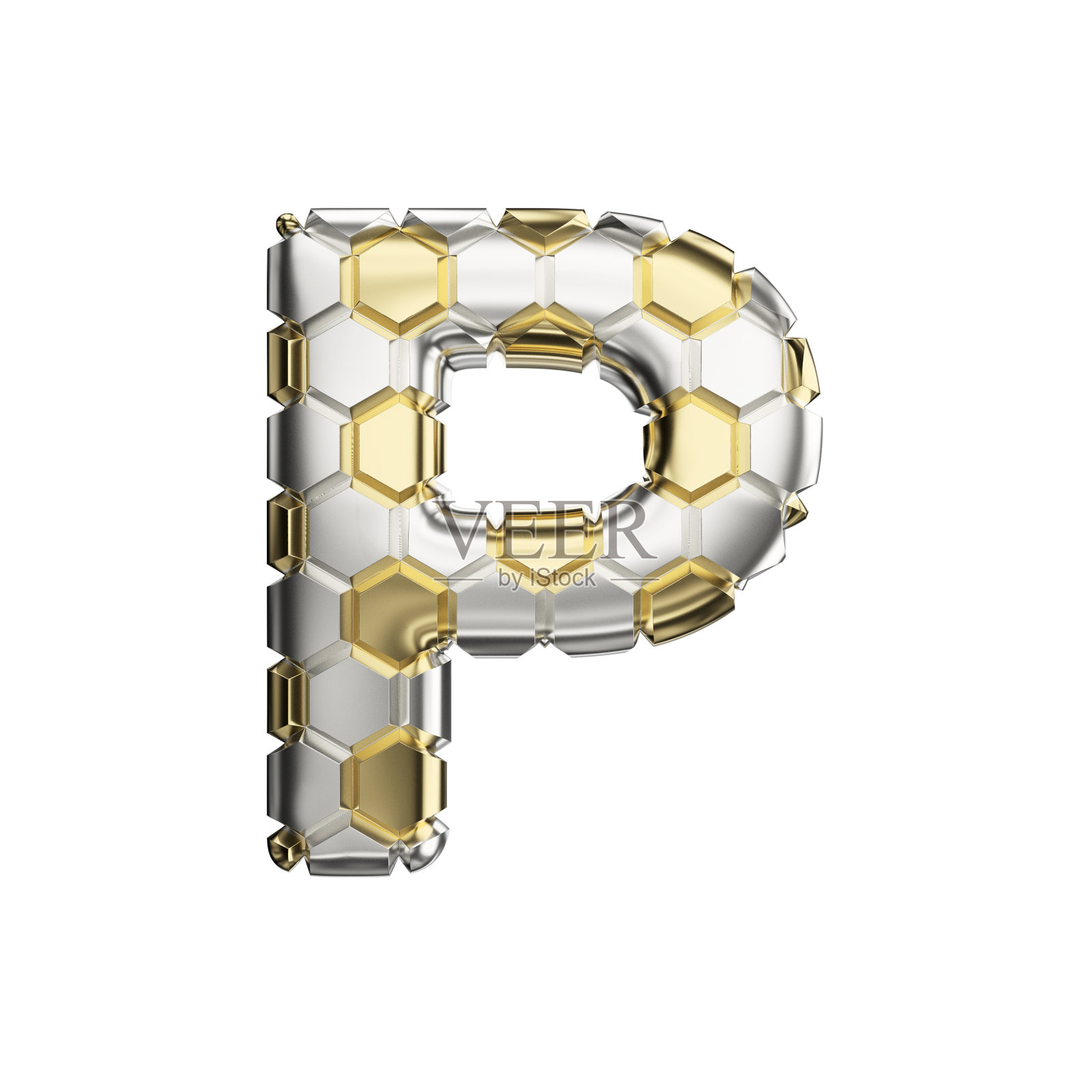 大写字母P。足球字体采用银质和金色足球纹理制成。3D渲染孤立的白色背景。照片摄影图片