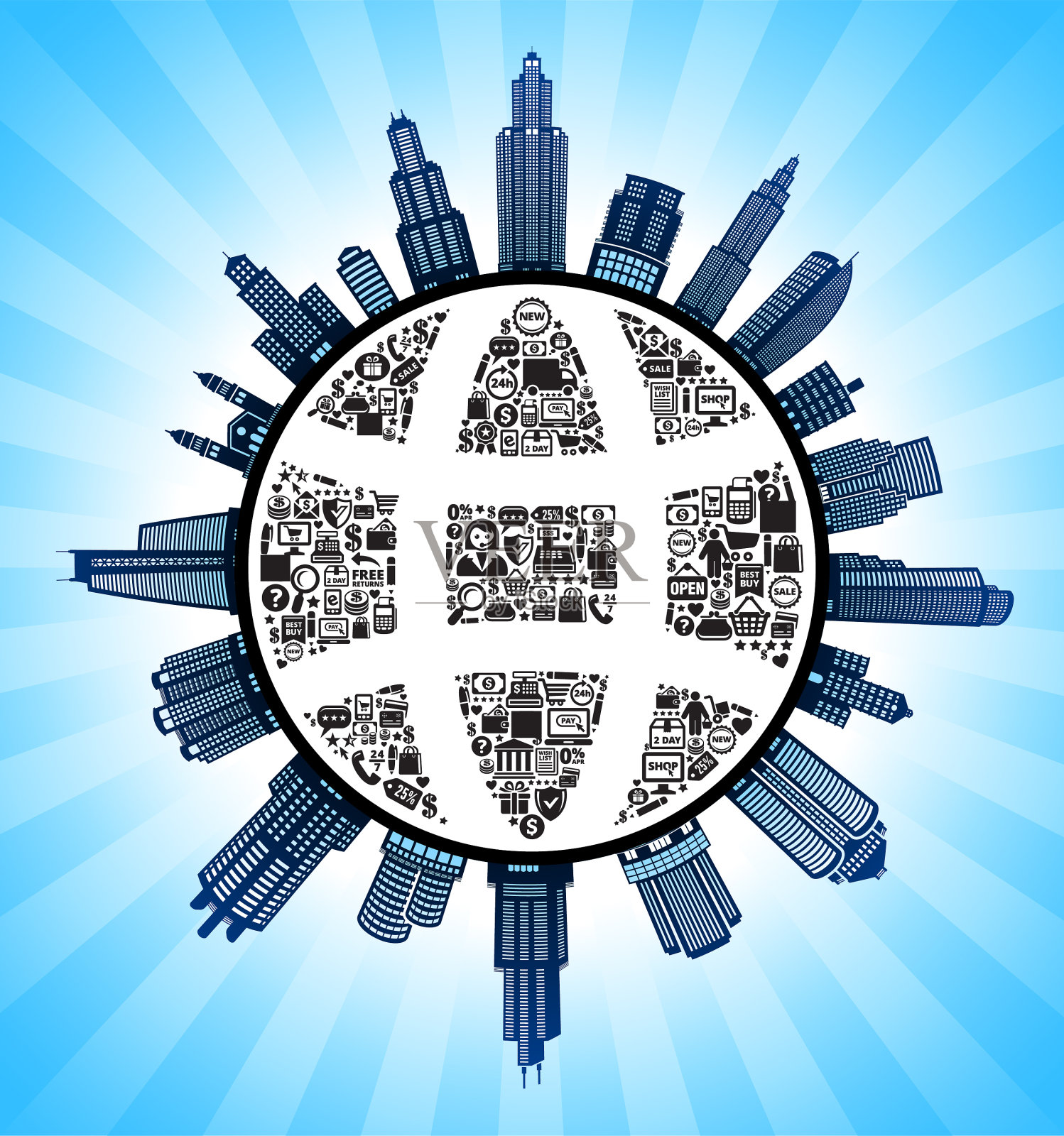 全球线框电子商务现代城市景观天际线背景插画图片素材