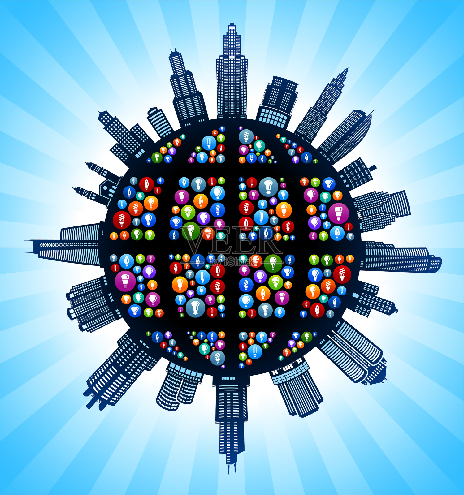 球形灯泡线框黑色和白色城市景观天际线背景插画图片素材