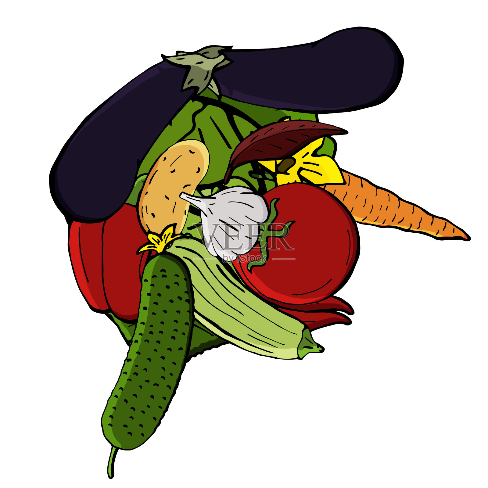 矢量图标蔬菜的形式，一个人的头在卡通风格。收集农产品为餐厅菜单，市场标签插画图片素材