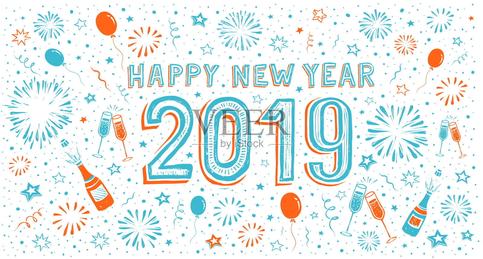 手绘的烟花贺年卡设计模板素材