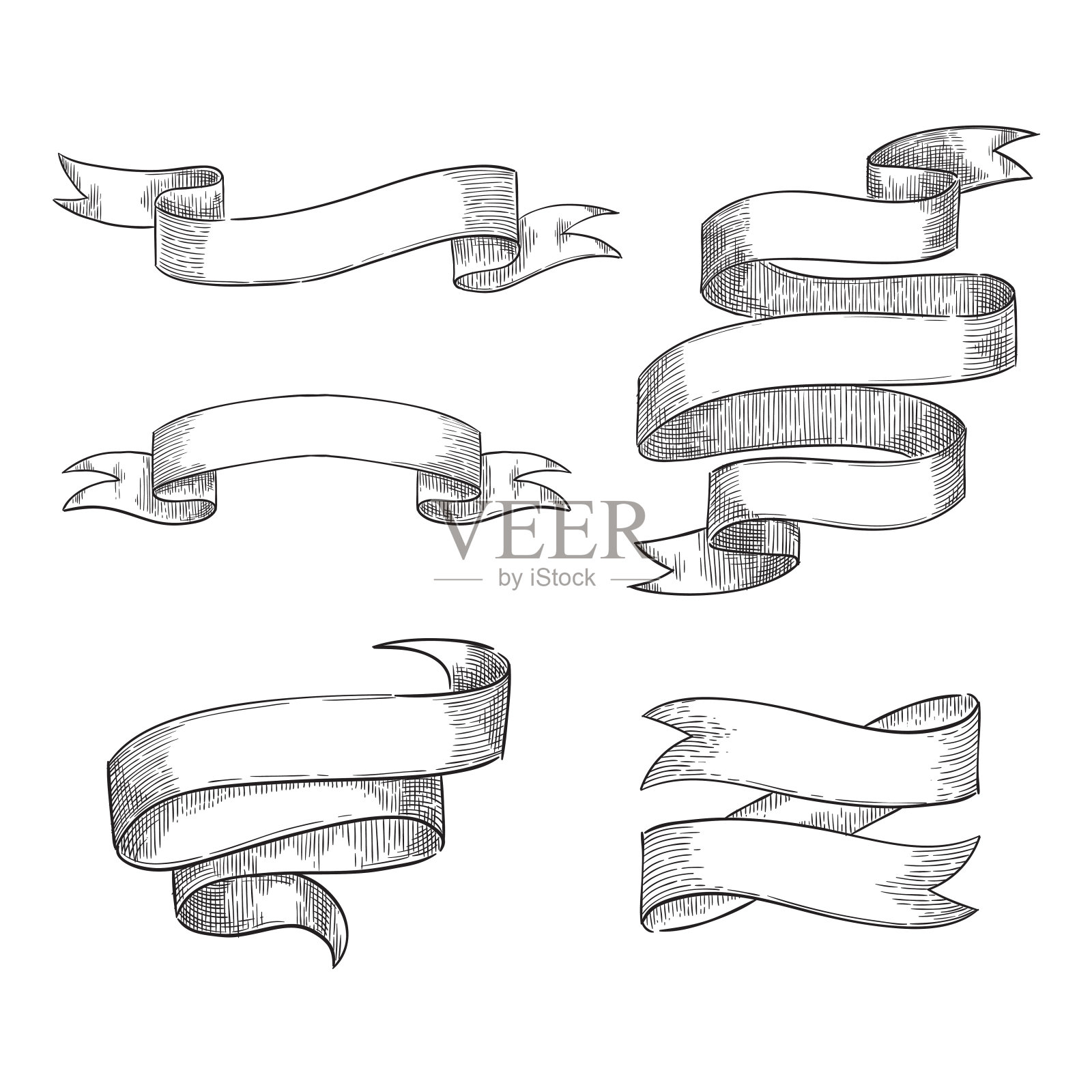 丝带横幅草图矢量插图。手绘孤立的节日设计元素插画图片素材