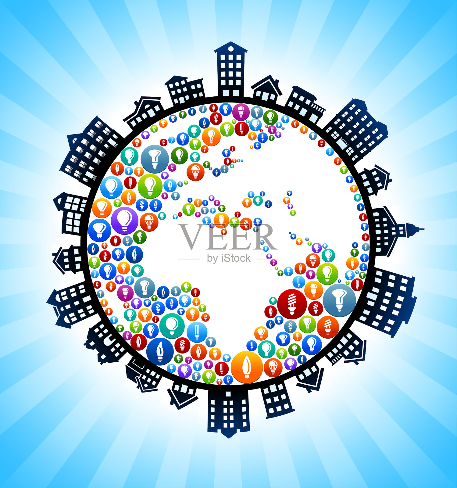 行星地球灯泡农村城市景观天际线背景插画图片素材