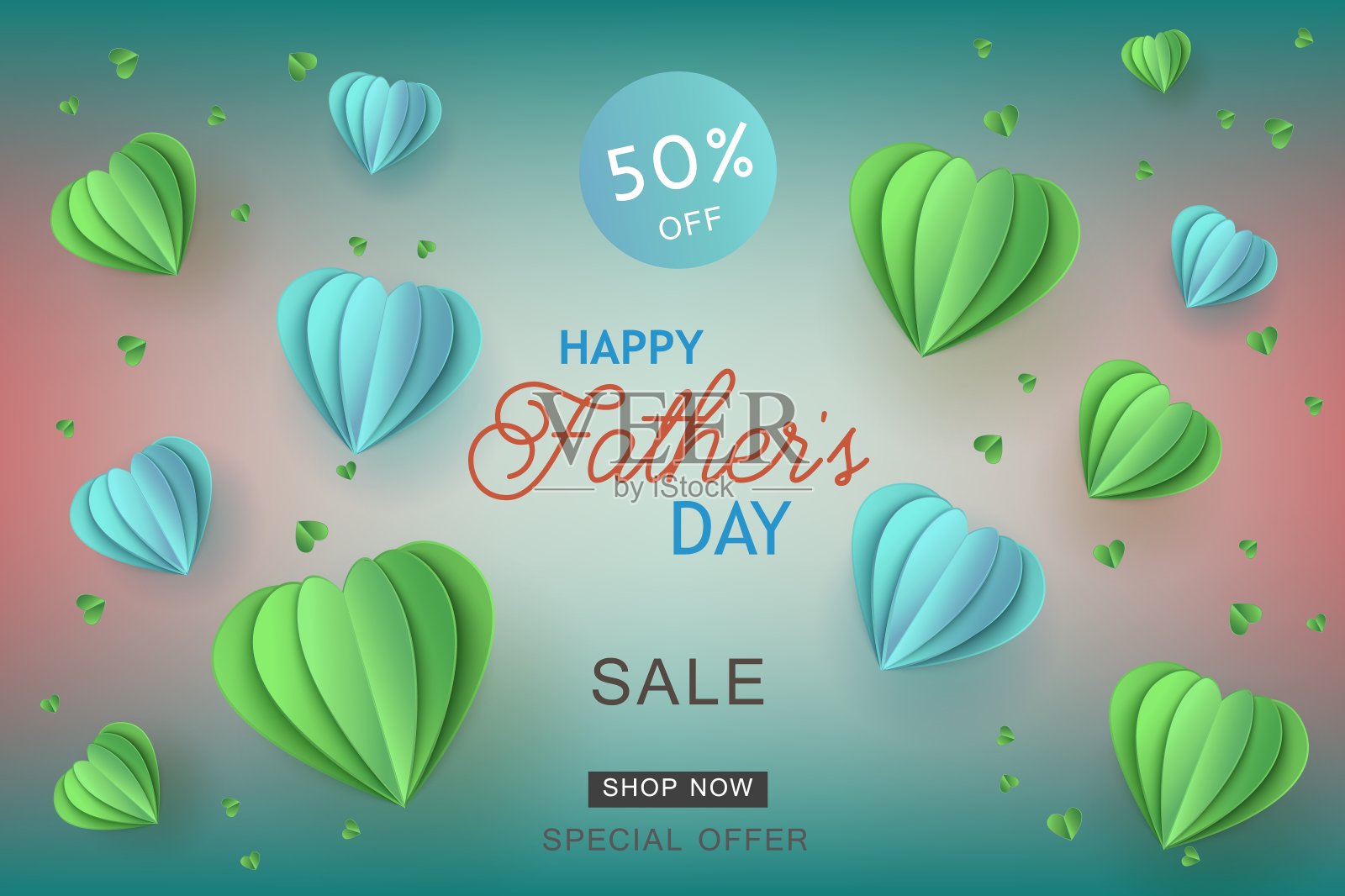 蓝色和绿色折叠纸心形状，并在梯度背景上签名为父亲节特别优惠横幅。插画图片素材
