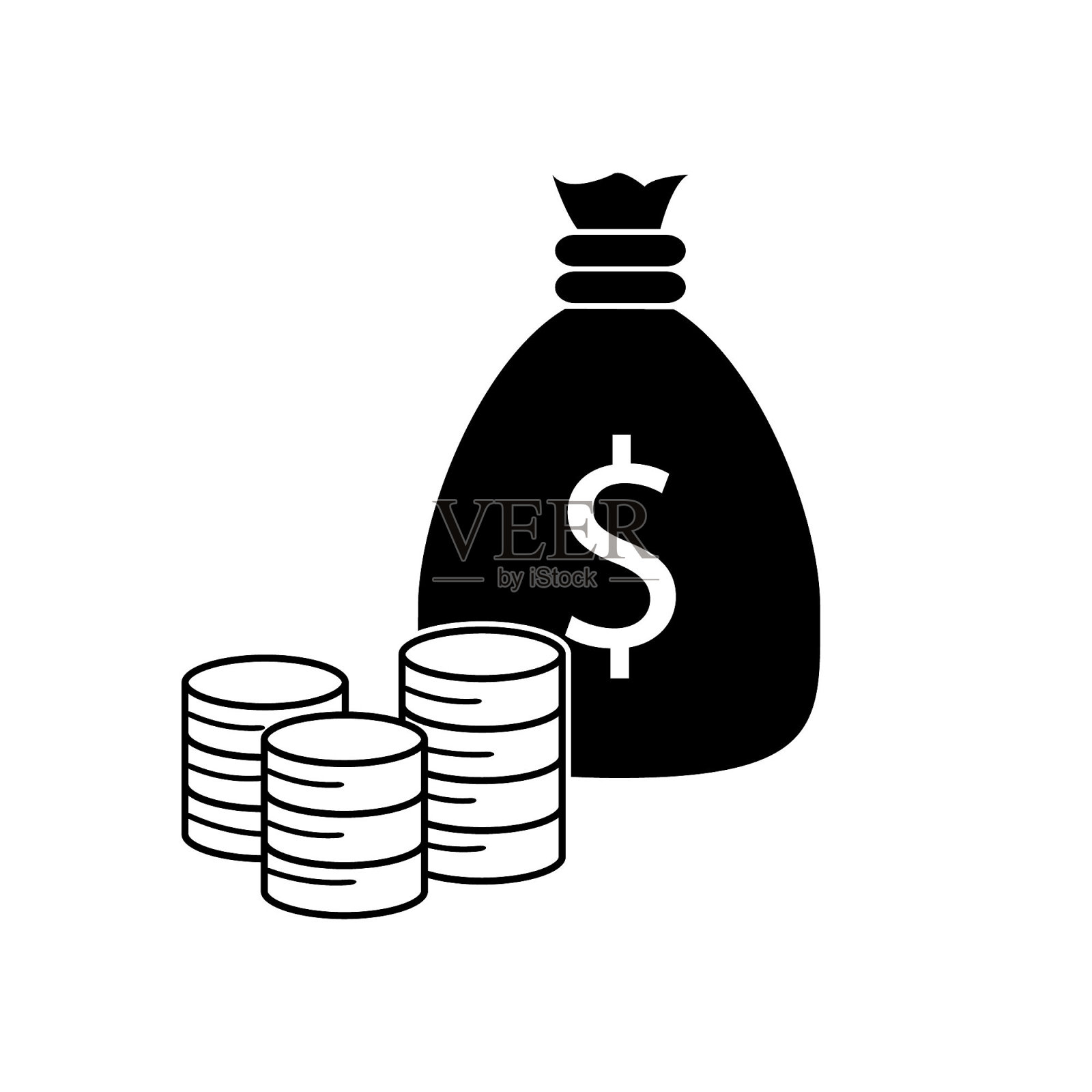 钱袋捆绑美元和硬币符号向量图标图标素材