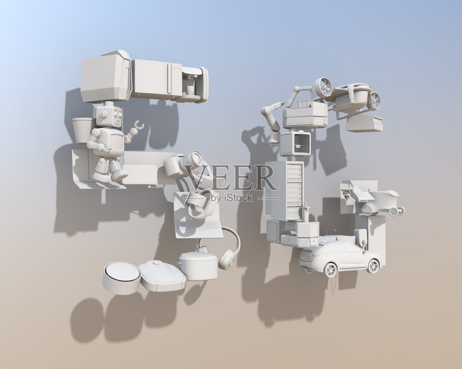 智能家电、无人机、无人驾驶汽车和机器人被安排在“5G”文本中照片摄影图片