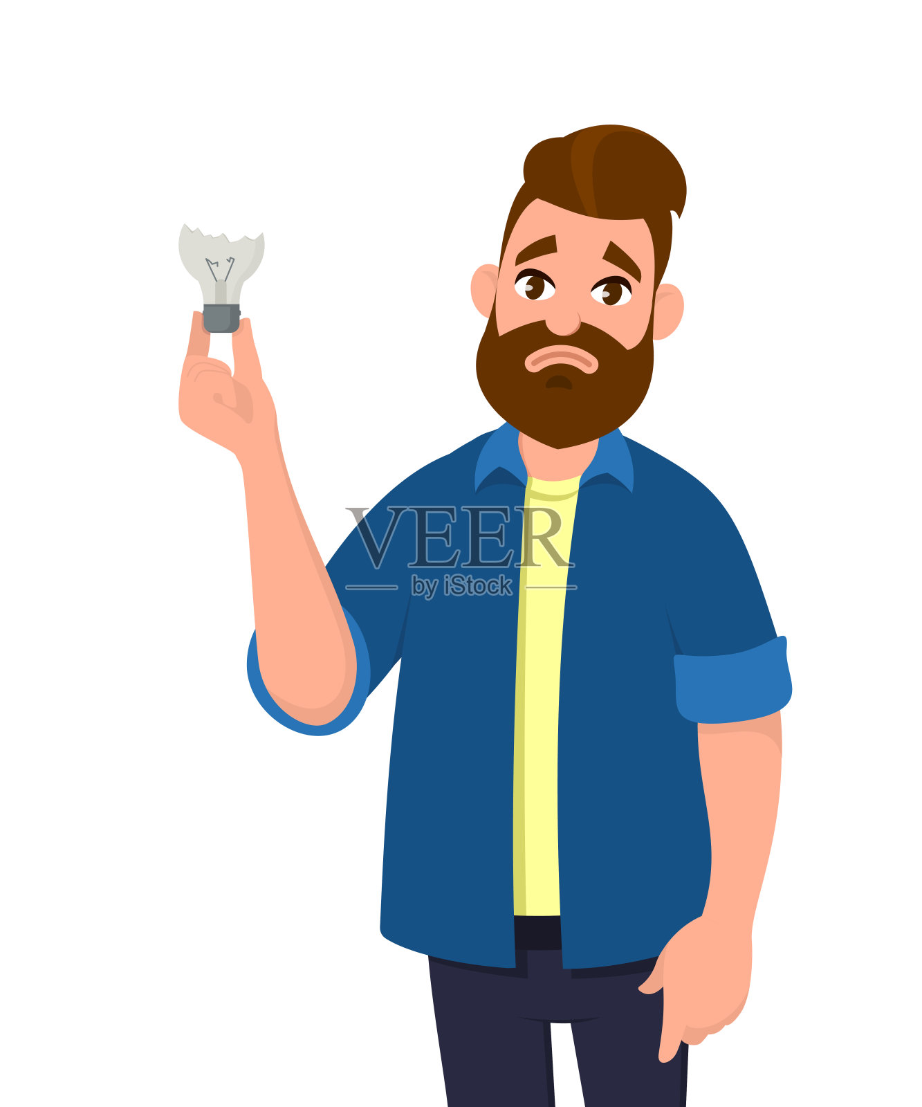 年轻人拿着灯泡。创新和灵感。卡通风格的概念插图。插画图片素材