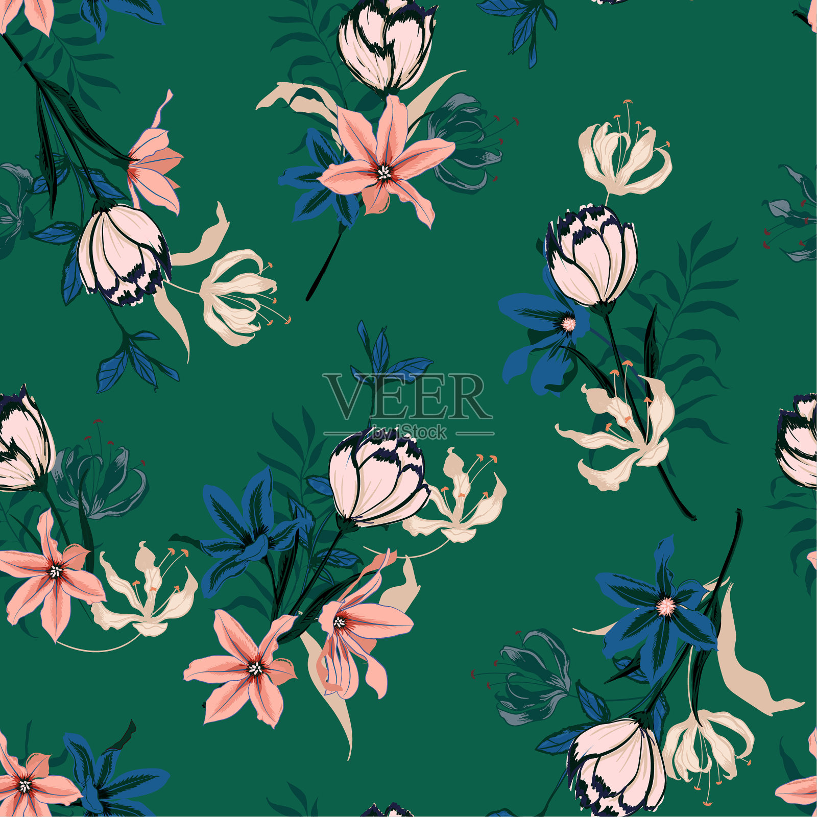 时尚无缝模式向量与郁金香花。手绘插图与野生花卉时尚，织物，和所有的印花插画图片素材