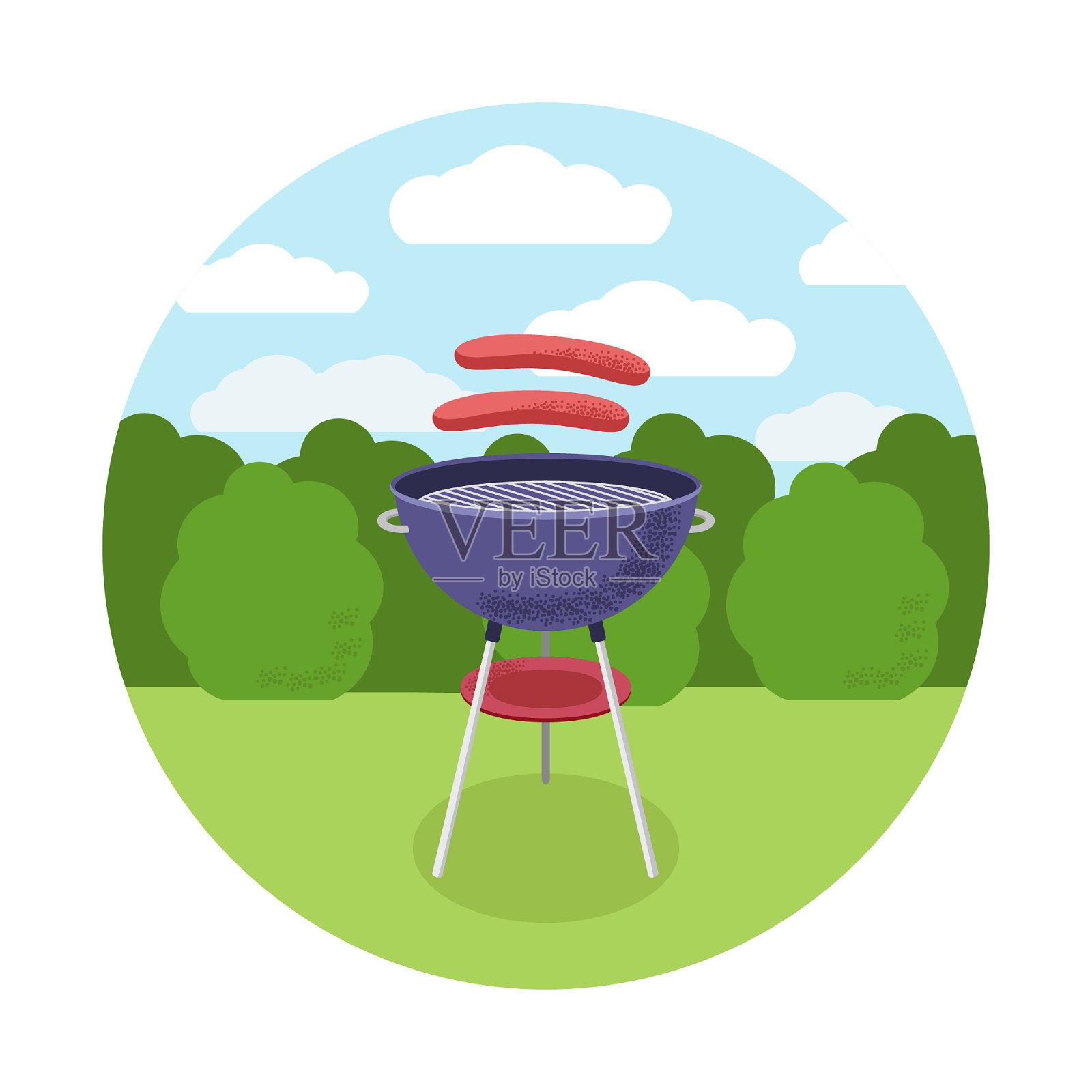 平坦矢量烧烤和香肠图标插图在绿色草地后院插画图片素材