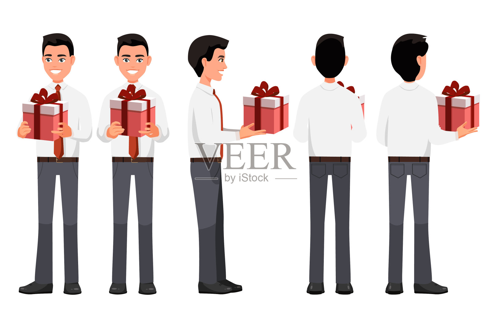 矢量插图的商人与目前在手中，在官方服装。卡通人物写实插画。穿衬衫打领带的工人。前视图，侧视图，后侧视图，等距。插画图片素材