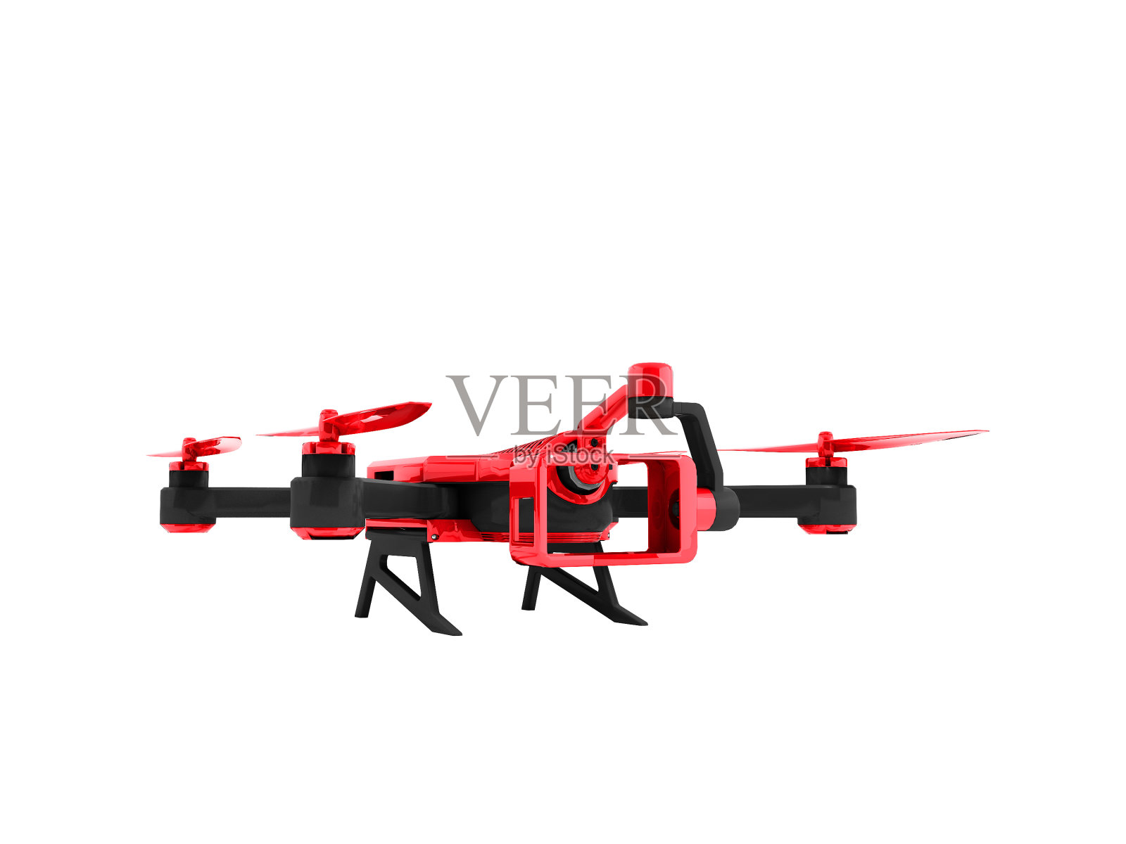 现代红色四旋翼直升机与黑色插入智能手机与插入摄像头摄像头3D渲染在白色背景没有阴影照片摄影图片