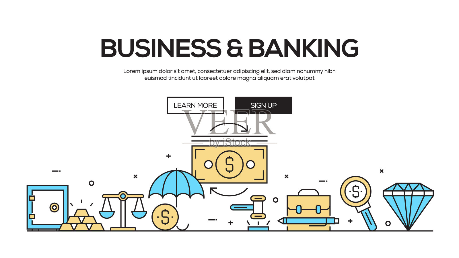 商业和银行平面线网页横幅设计插画图片素材