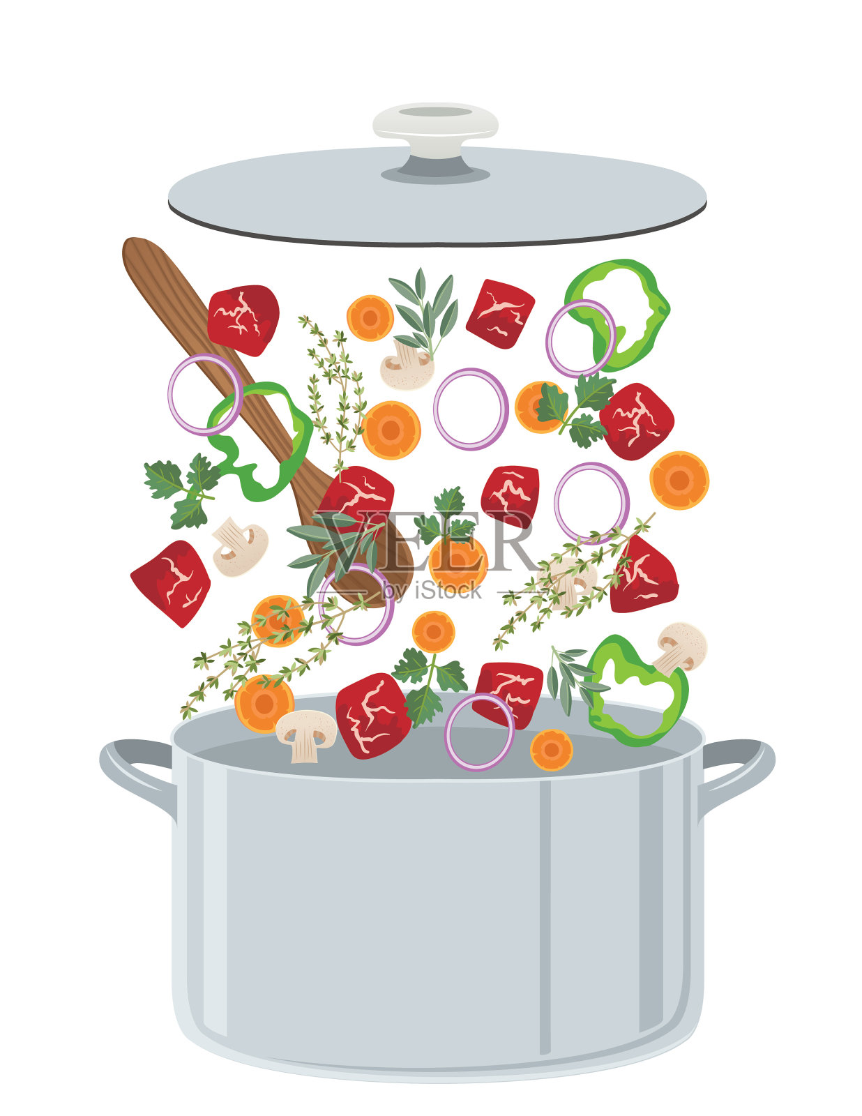 新鲜的食材落入锅中烹饪插画图片素材