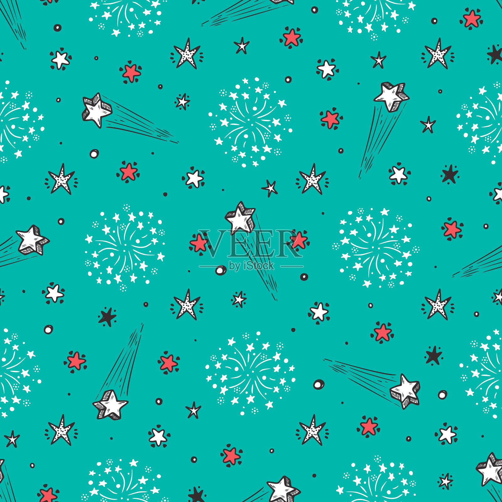 节日烟花背景。节日聚会墙纸。手绘的烟花和星星无缝模式矢量插图。插画图片素材