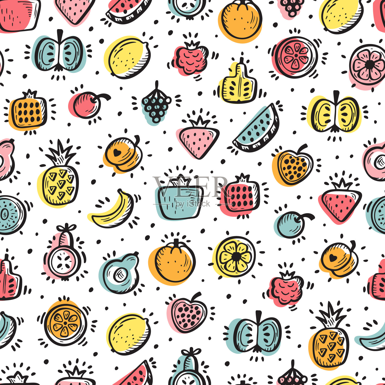 食品的背景。涂鸦水果和浆果无缝图案。矢量图插画图片素材