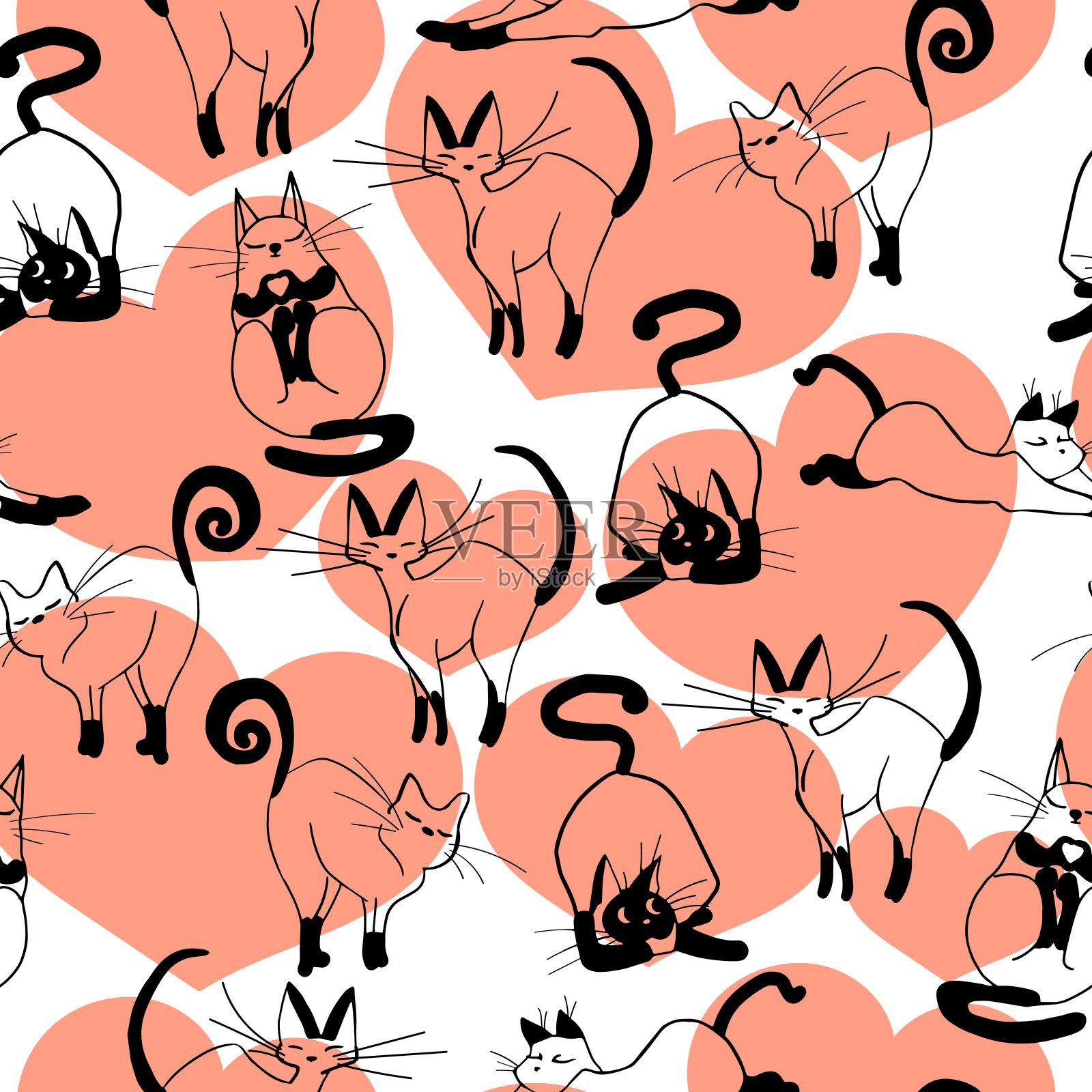 迷人的手绘猫设计无缝模式向量插画图片素材