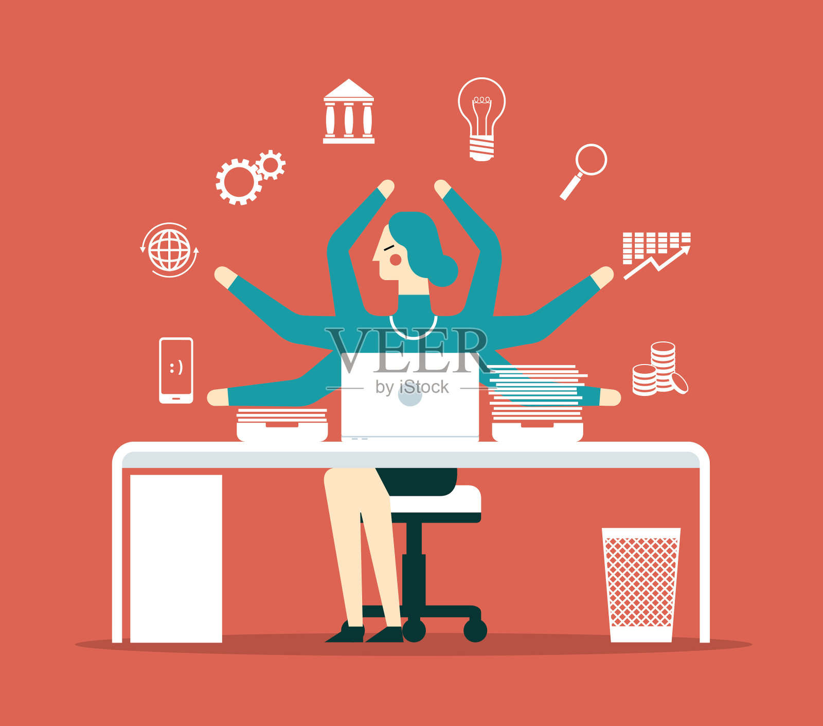 女商人同时使用多个手臂插画图片素材