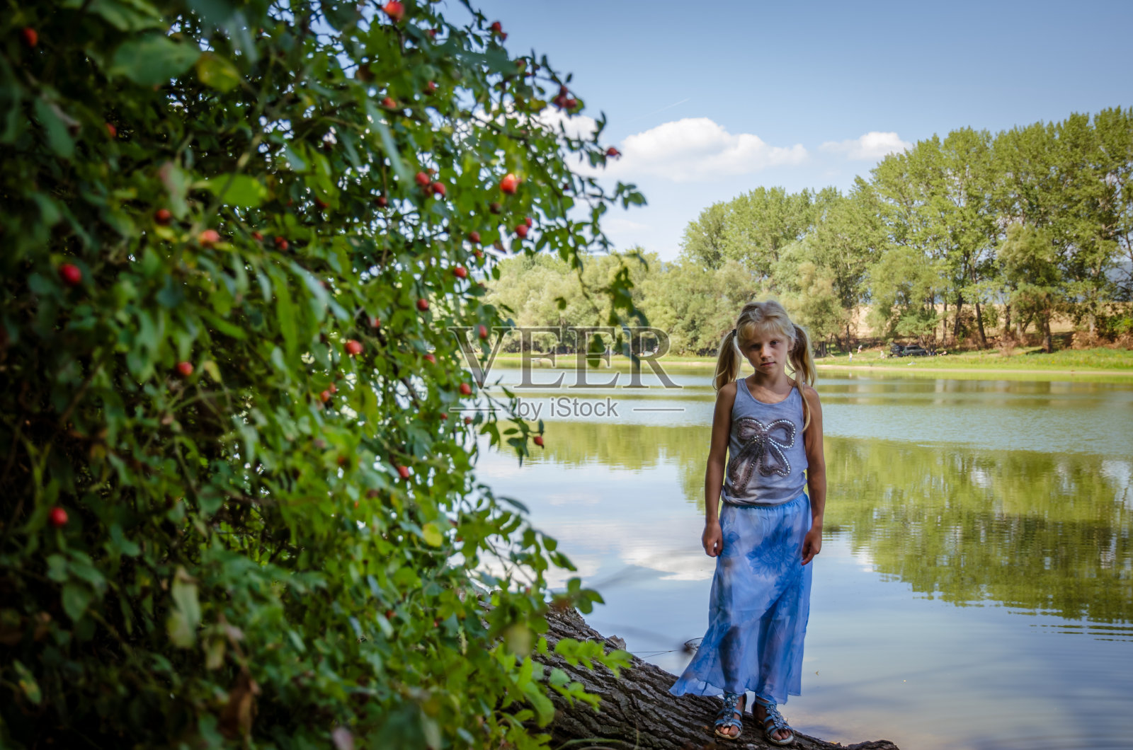 小可爱的孩子在美丽的河边照片摄影图片