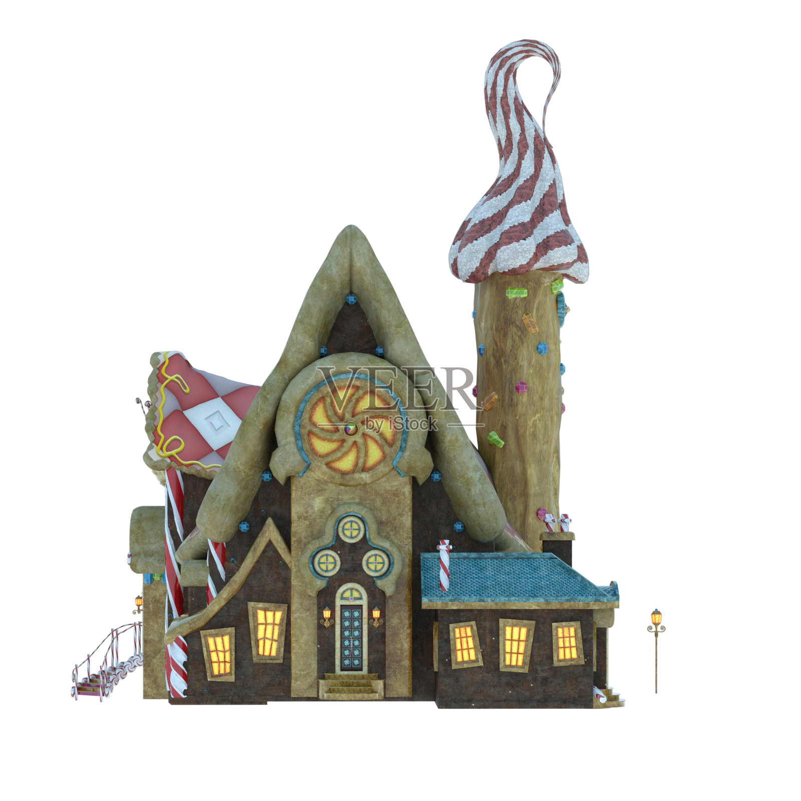 姜饼屋孤立在白色，3d渲染。照片摄影图片