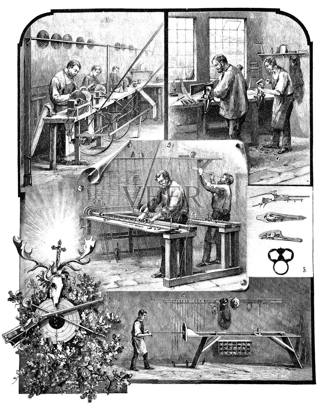 一个步枪工厂的生产过程插画图片素材