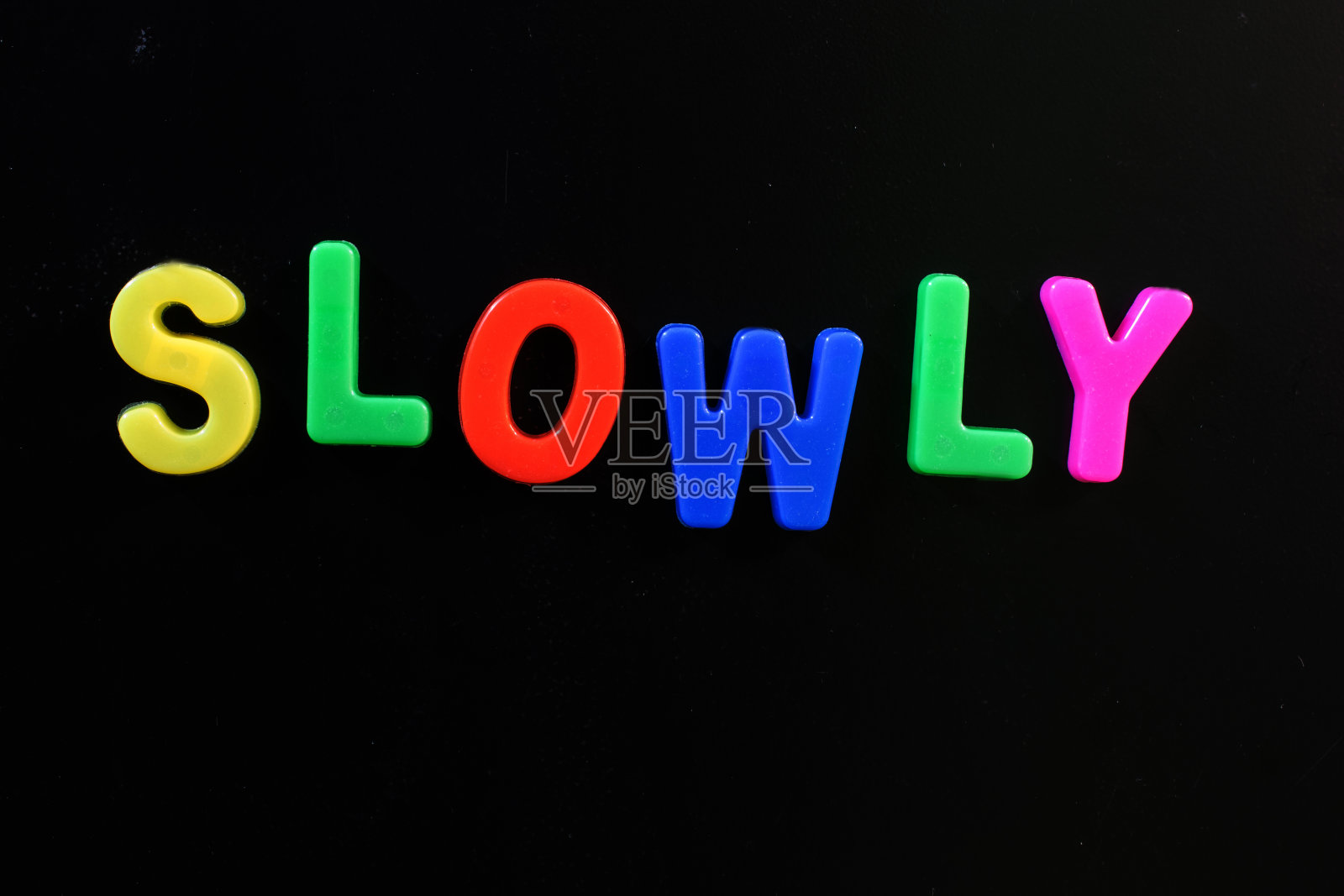 黑色背景的英文字母是单词slowly照片摄影图片
