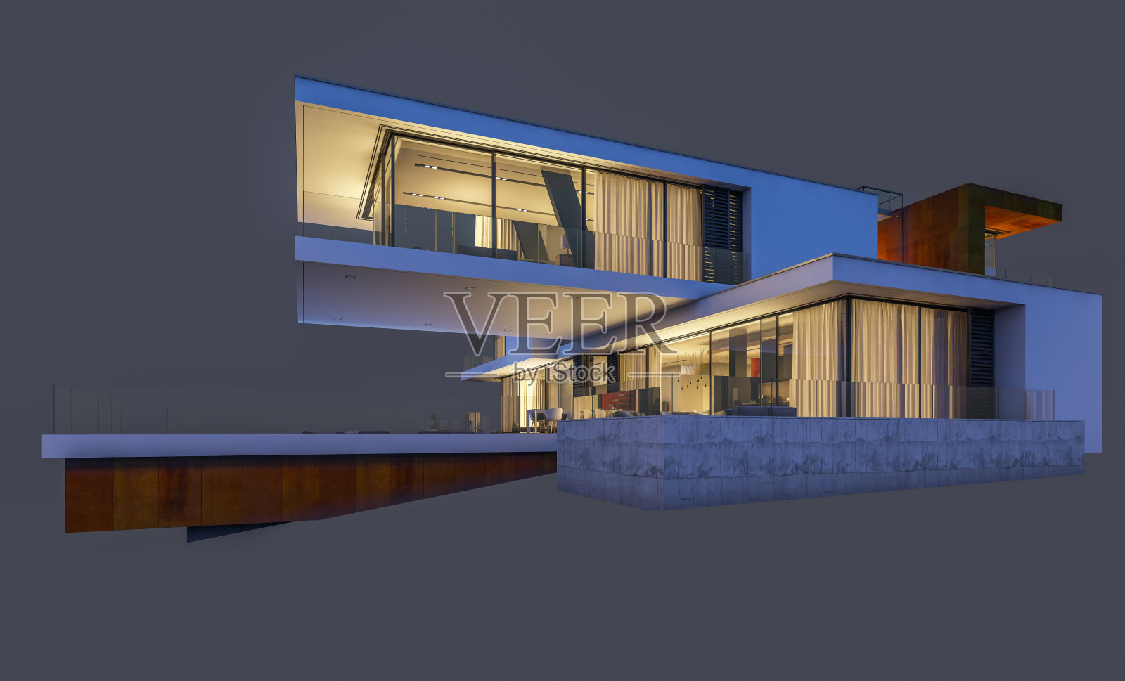 现代舒适的房子在晚上的3d渲染孤立在灰色。照片摄影图片