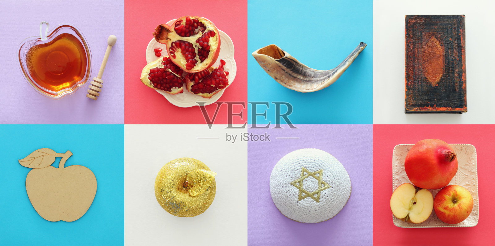 犹太新年假期拼贴概念。传统符号。照片摄影图片