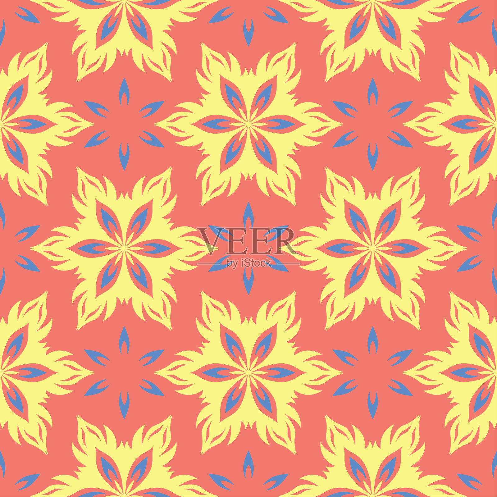 花型图案无缝设计。明亮的黄色和蓝色的花元素在鲑鱼红色的背景插画图片素材