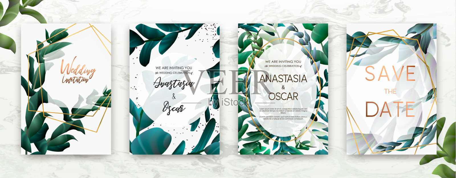 婚礼邀请框集:花、棕榈、肉质、桉叶、水彩、最小矢量。设计模板素材