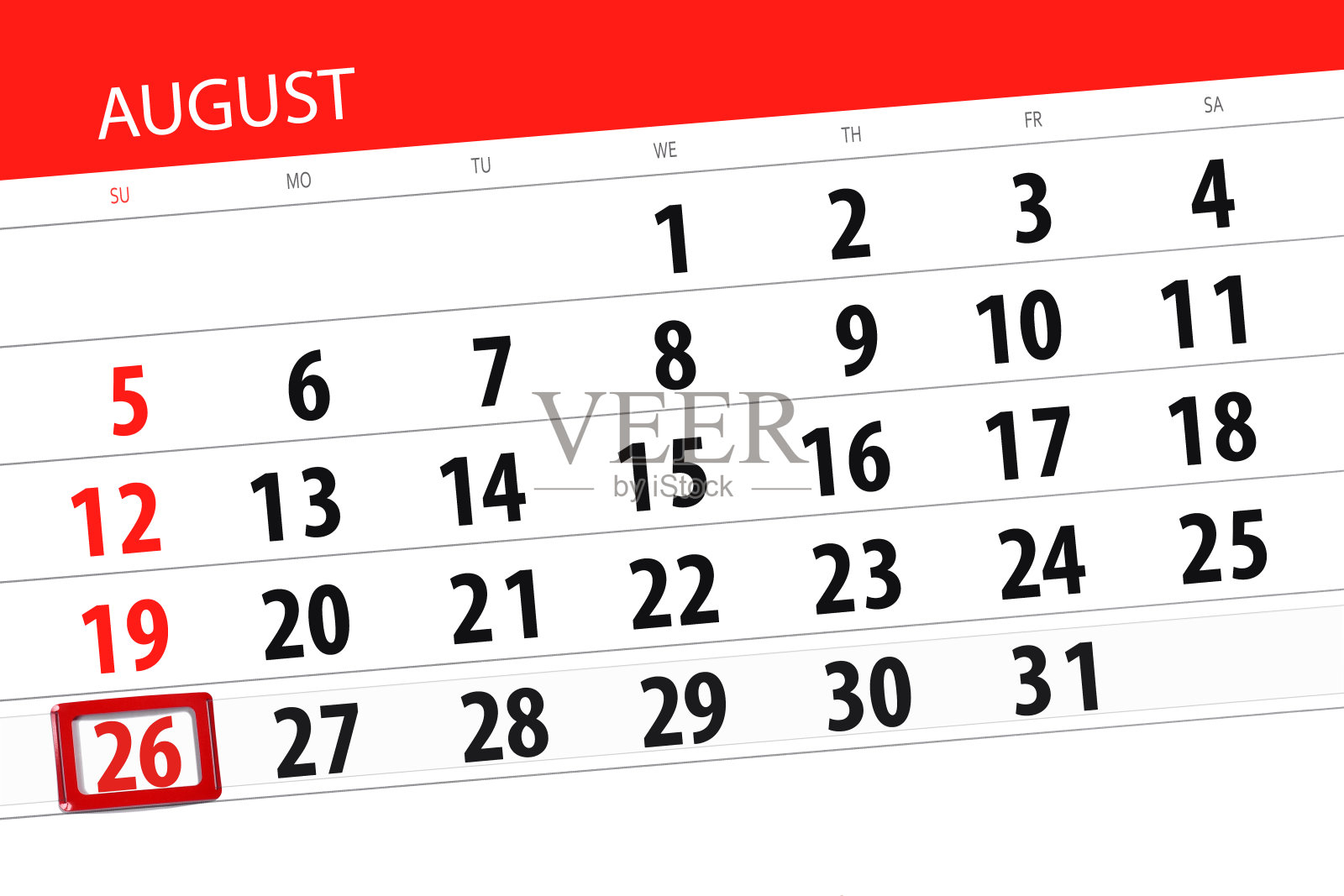 日历计划月，截止日的一周，2018年8月26日，周日设计模板素材