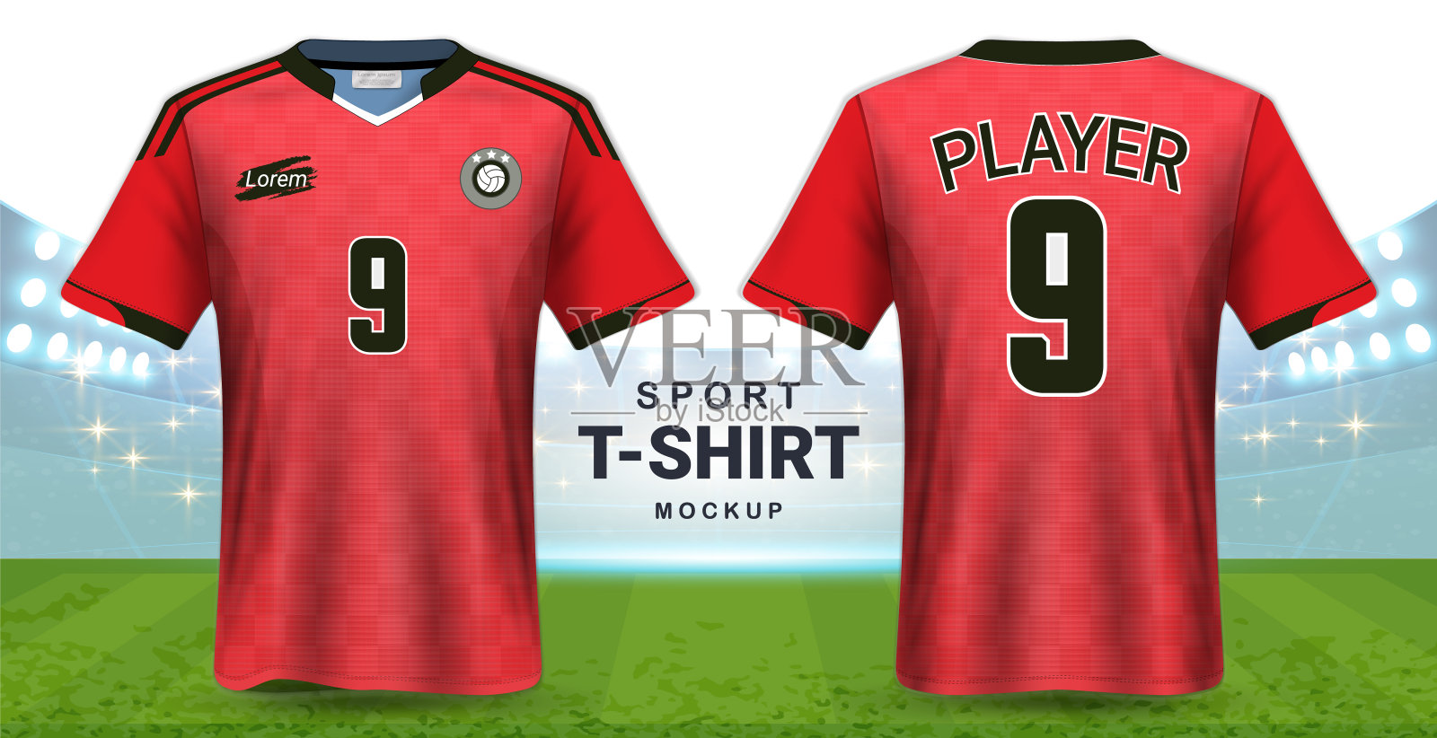 足球球衣和运动服t恤模型模板，现实的图形设计正面和背面的足球装备制服，容易的可能性应用你的艺术品，文本，图像插画图片素材
