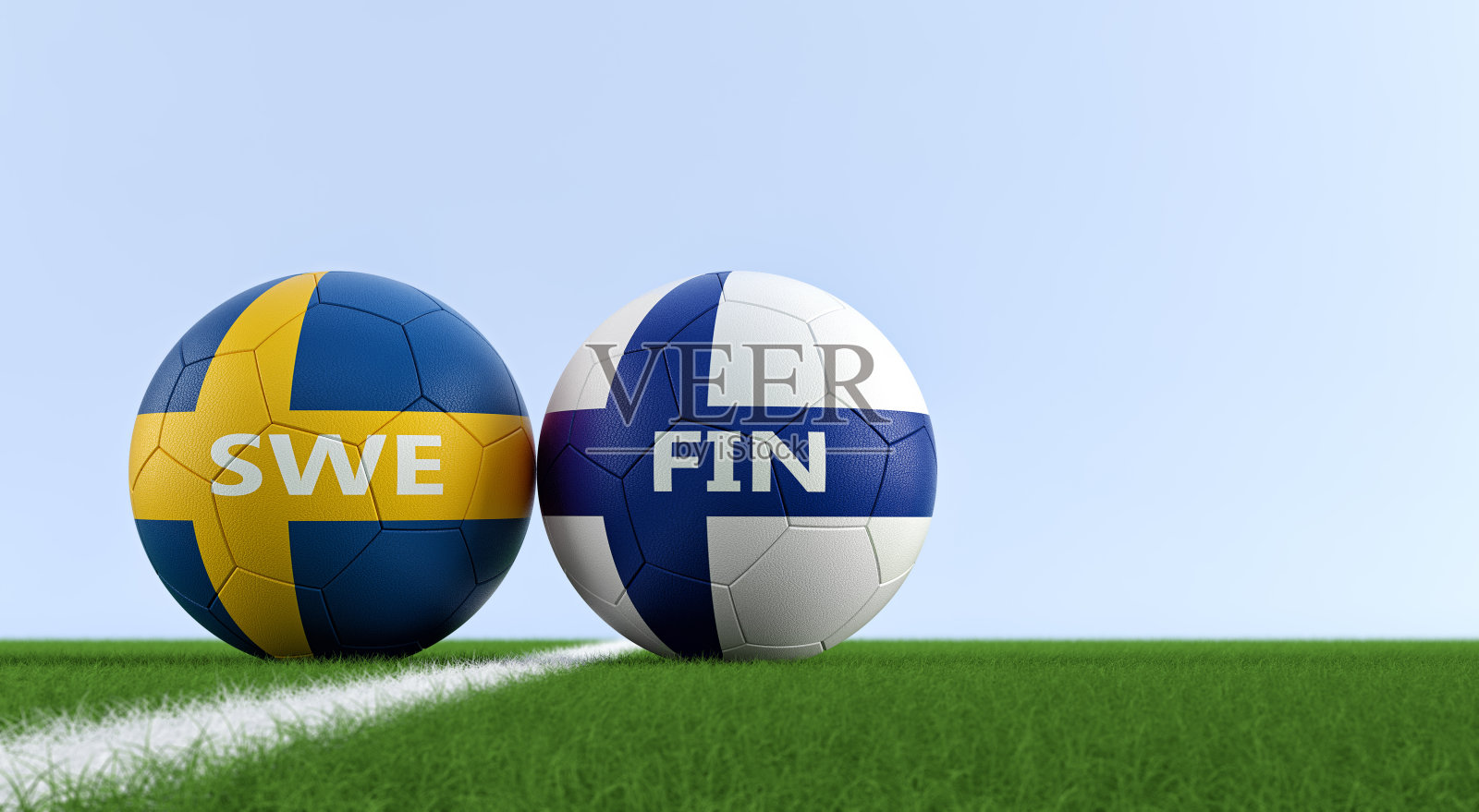 瑞典对芬兰足球比赛-足球在瑞典和芬兰的国家颜色在足球场上。复制空间的右侧- 3D渲染照片摄影图片