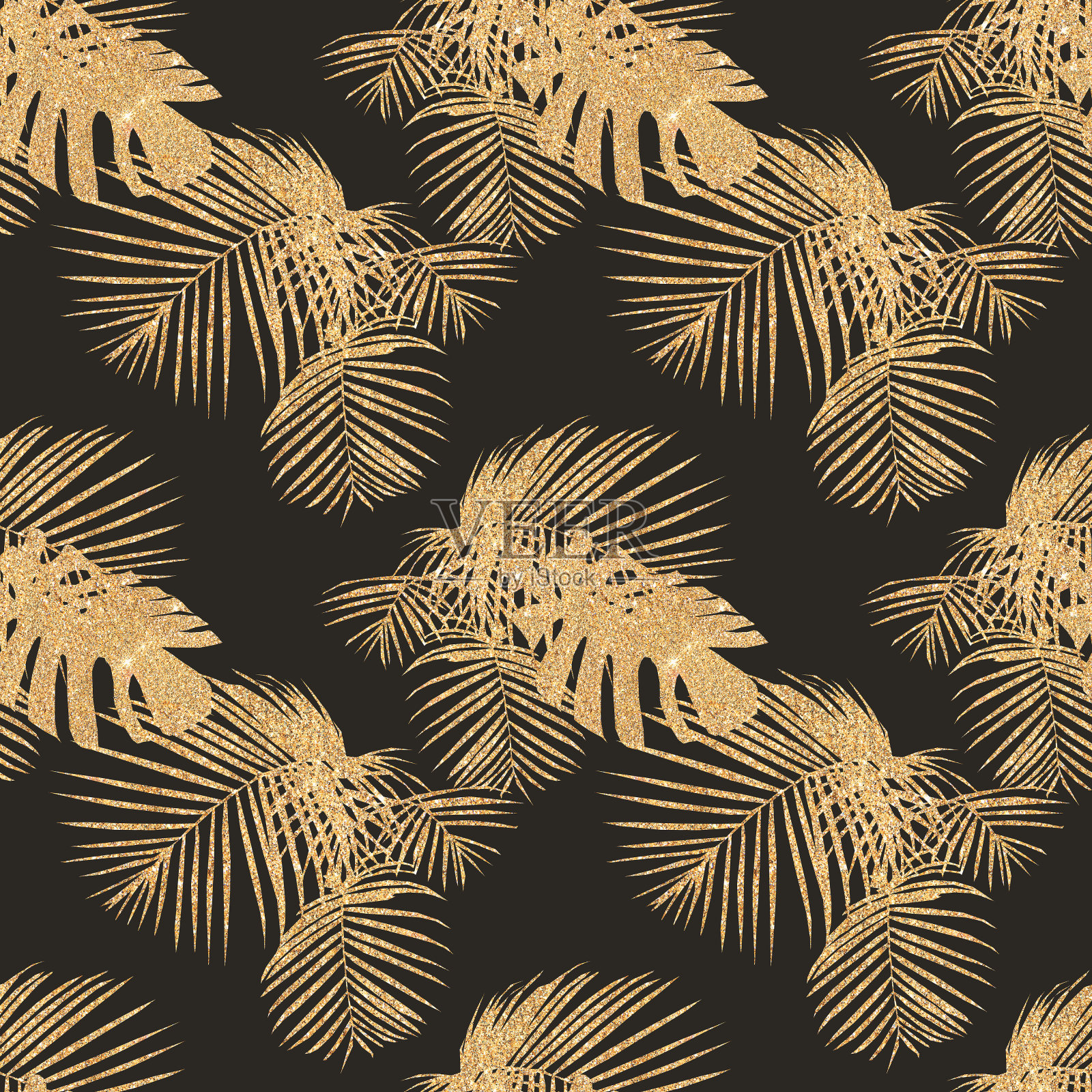 无缝模式与热带棕榈叶与金色闪光照片摄影图片
