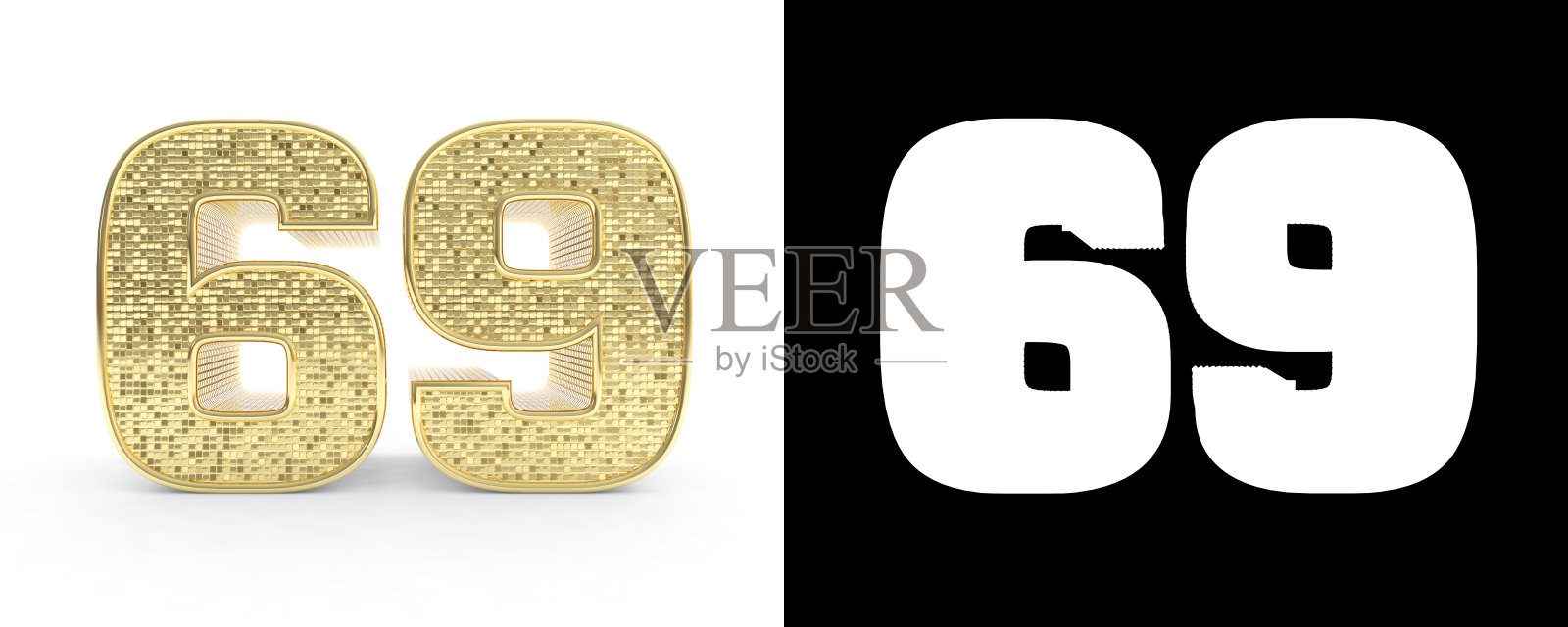金色数字69(数字69)，白色背景，投影和alpha通道。三维演示照片摄影图片