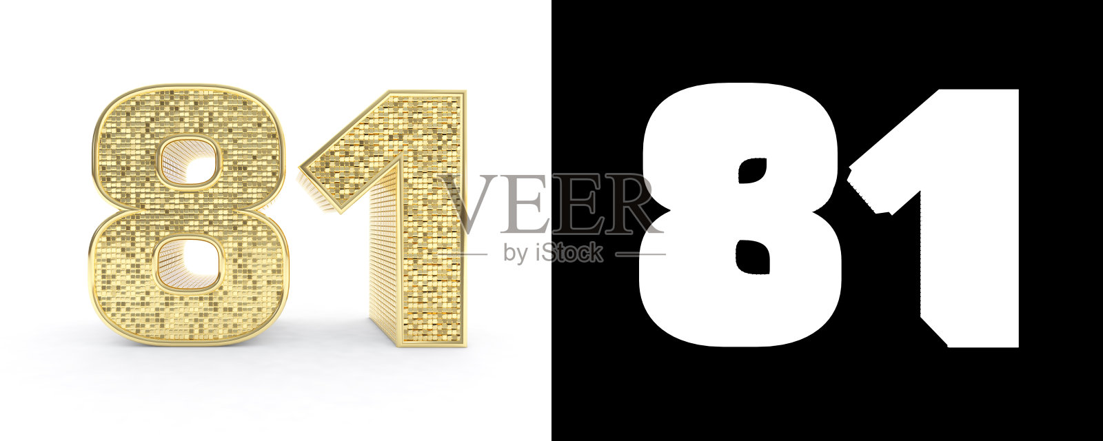 金色的81号(81号)在白色背景下，带有投影和alpha通道。三维演示照片摄影图片