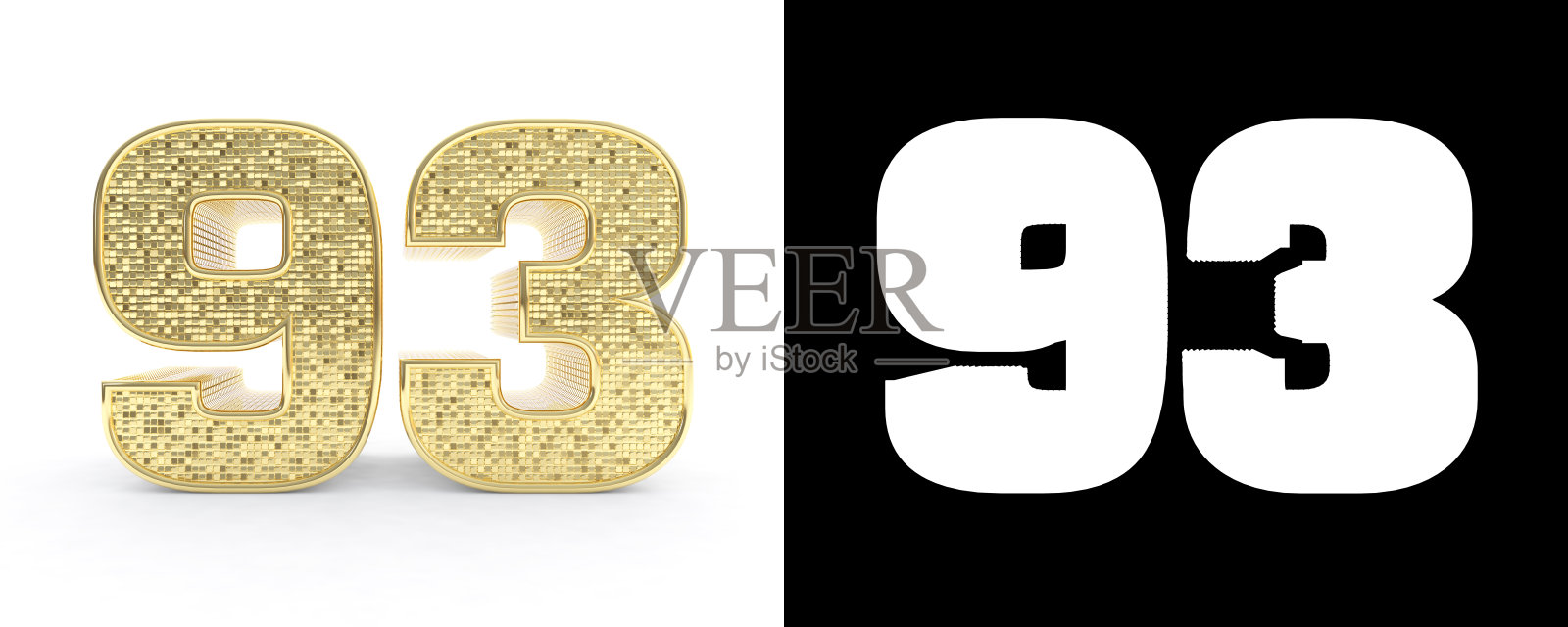 金色数字93(数字93)在白色的背景下，带有投影和alpha通道。三维演示照片摄影图片