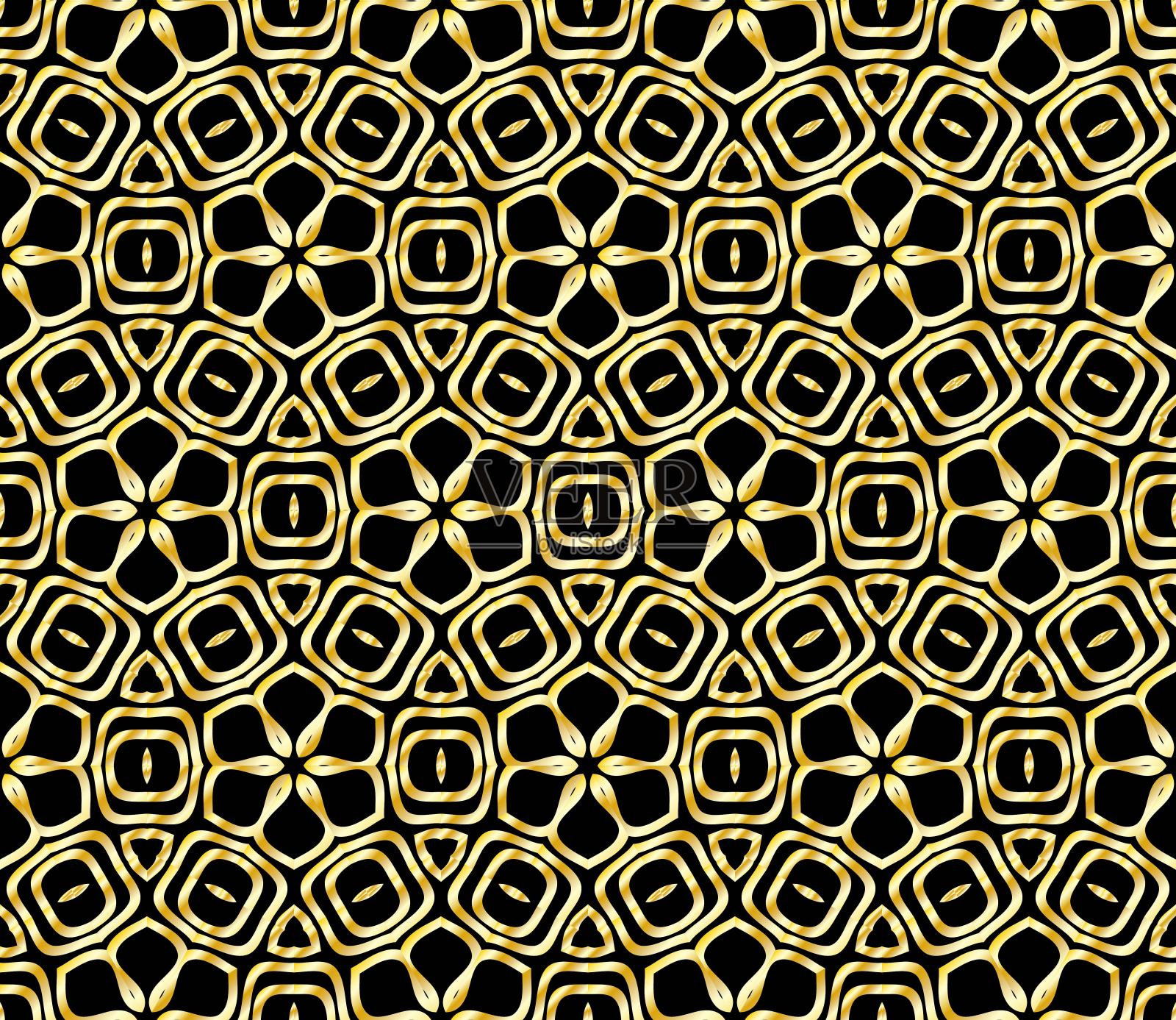 创意几何无缝黑金花点缀。矢量插图。摘要插画图片素材