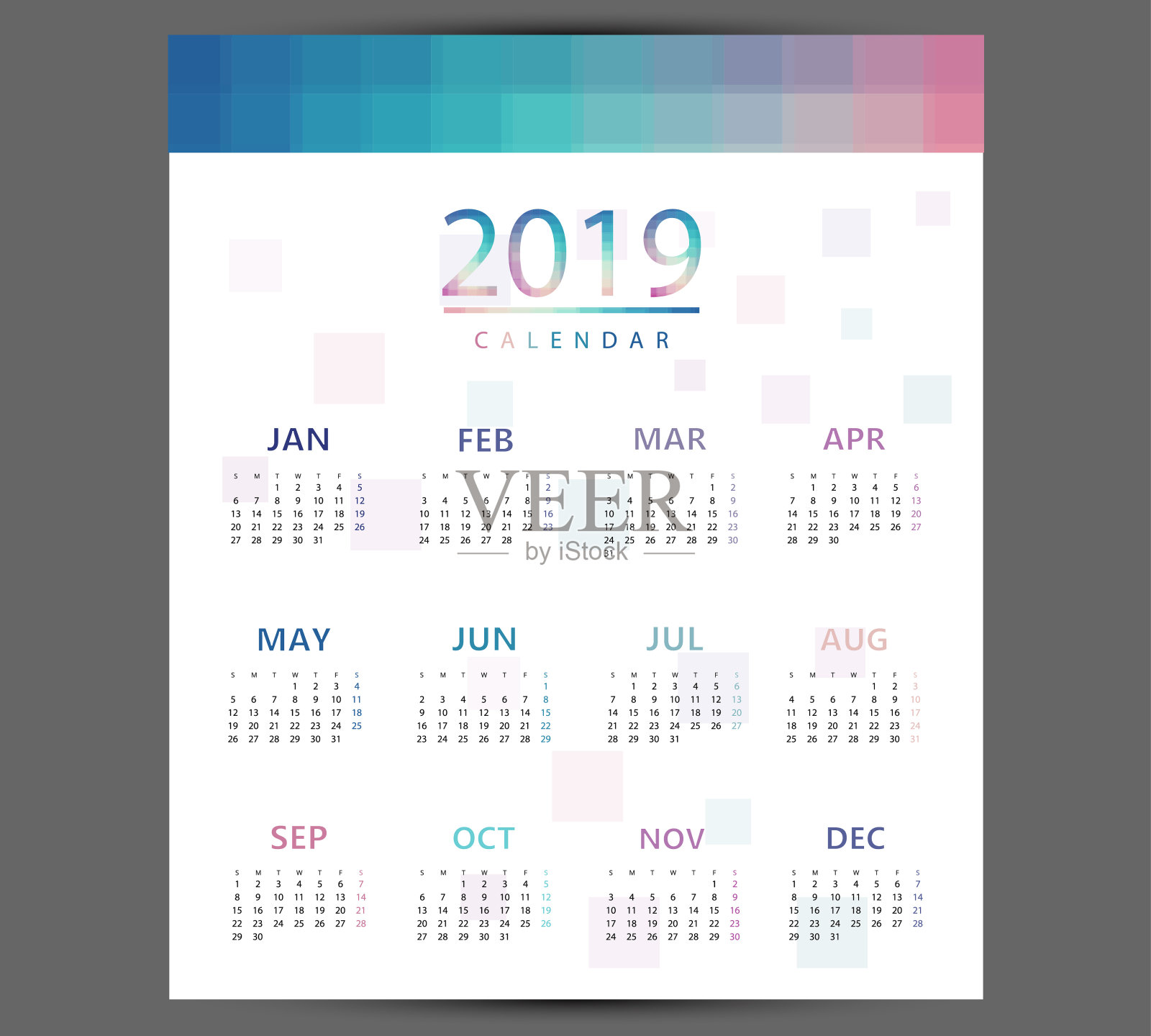 简单的2019年日历。2019年的抽象日历。一周从星期天开始。设计模板素材