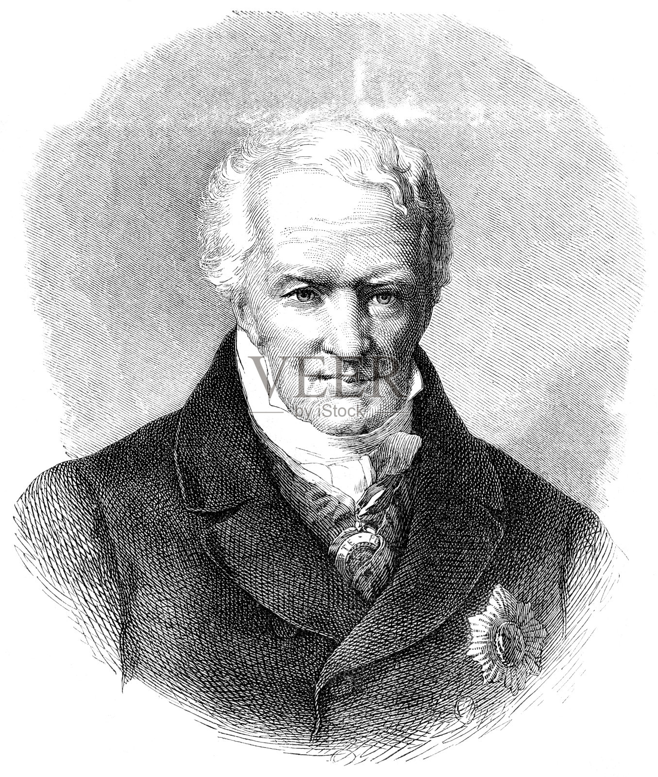 1875年德国探险家亚历山大·冯·洪堡的雕刻插画图片素材