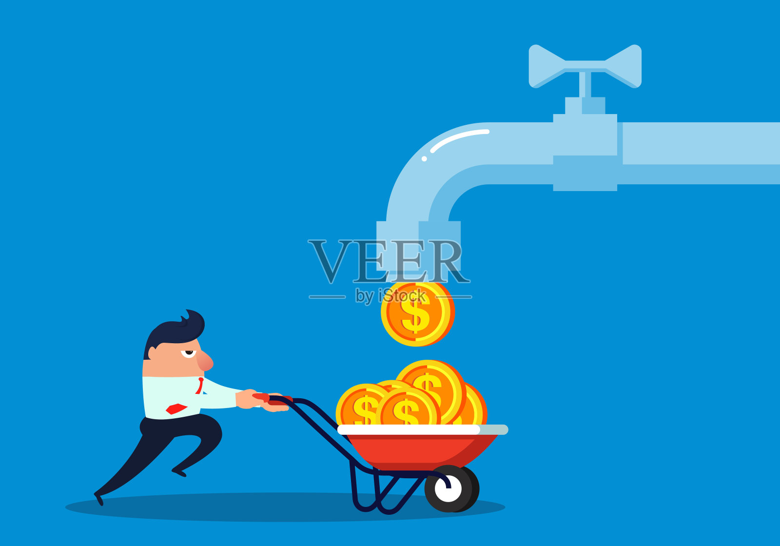 金币源源不断地流入商人的购物车插画图片素材