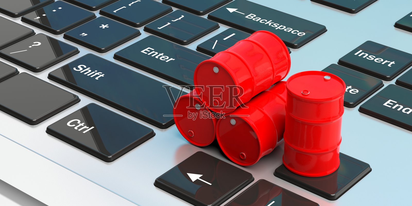 笔记本电脑上的油桶。三维演示照片摄影图片