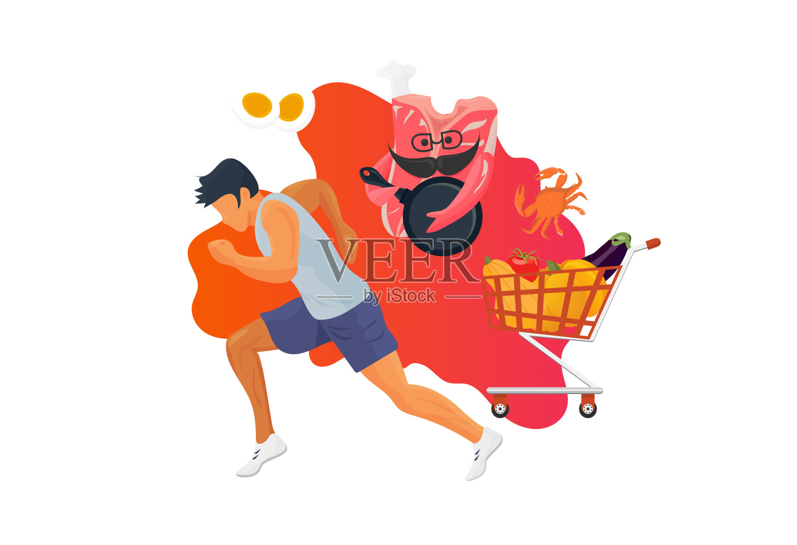 旧石器时代或旧石器时代饮食，被称为洞穴人或石器时代饮食概念插图:肉排，水果和蔬菜手推车，无麸质和无乳糖标志。插画图片素材