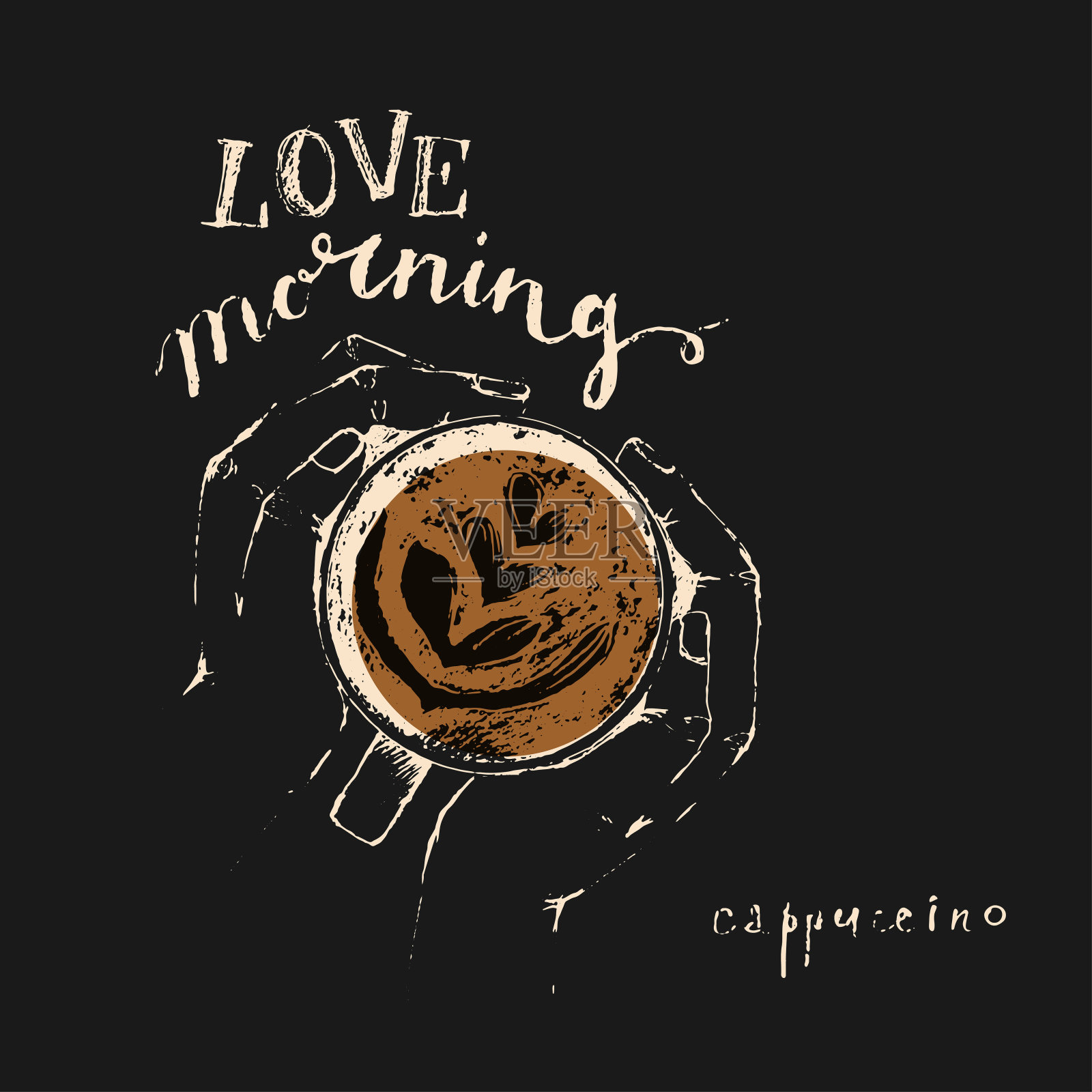 手握一杯卡布奇诺，俯视图和粉笔字母。插画图片素材